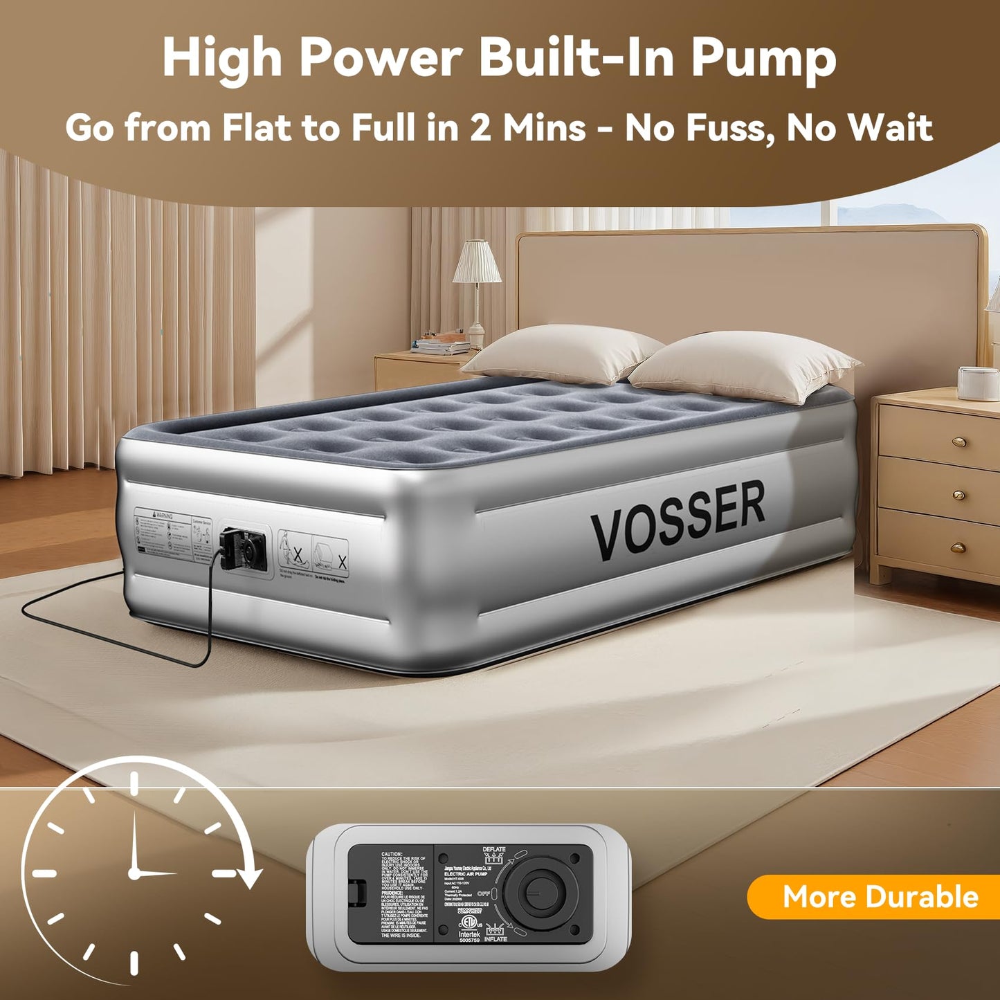 VOSSER Twin Air Mattress with Built in Pump,18” Raised Blow Up Mattress,Inflatable Mattress in 2 Mins,Single Twin Size Air Mattress for Camping,Floor&Travel, Air Bed for Adults,330LB Max