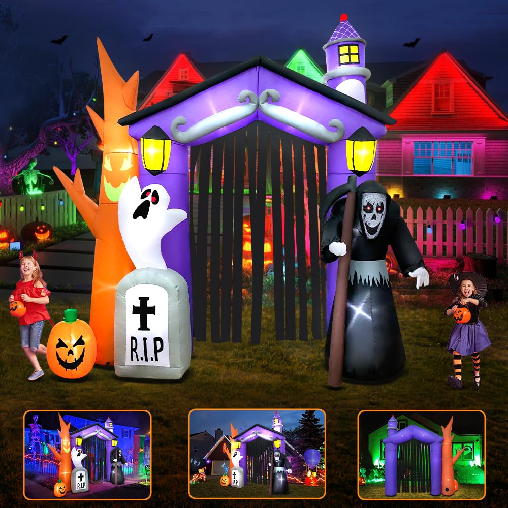 9 FT Halloween Inflatables Haunted House Castle Archway Decoration with Led Light Halloween Inflatables Outdoor Decorations Blow up Inflatables for Halloween Holiday Party Lawn Yard Garden Décor