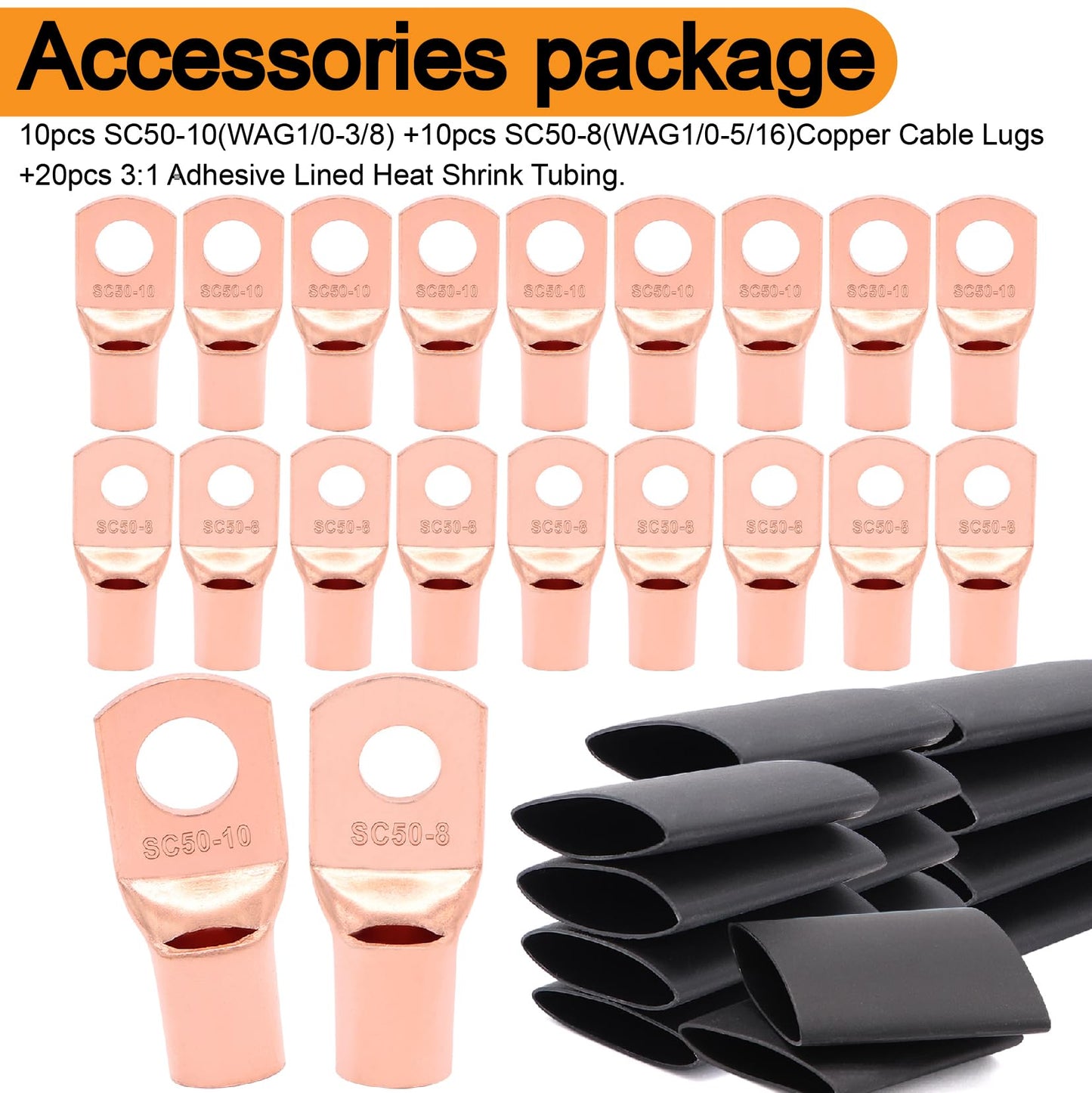 40FT 0 Gauge Wire Copper Clad Aluminum,1/0 Battery Cable,20pcs Lugs Terminal Connectors with 3:1Heat Shrink Tube for Amp,Inverter,Winch,Reducer,Starter,Solar Power,DC Wiring