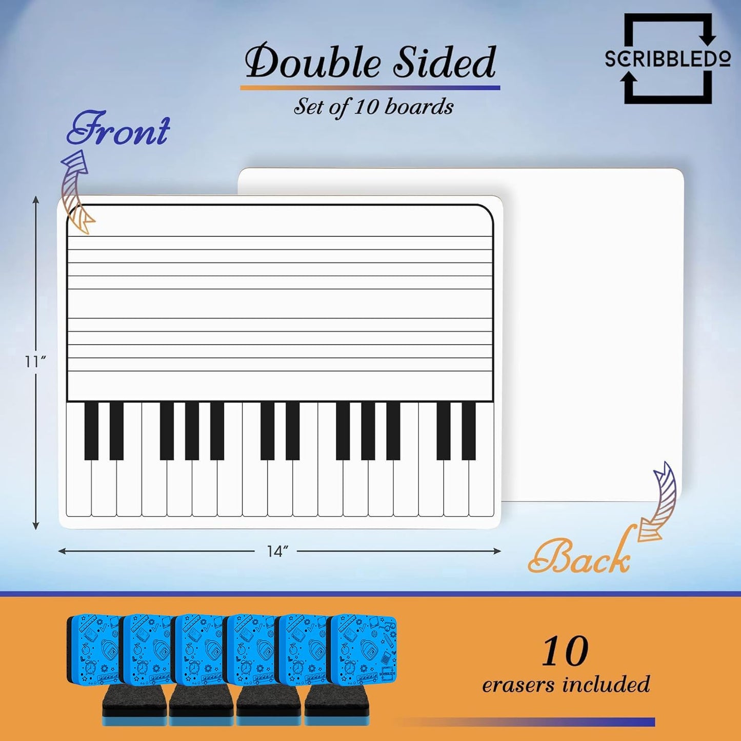 SCRIBBLEDO 10 Pack 11 x 14 Inch Piano Board Dry Erase White Boards Keyboard Double Sided Music Staff whiteboard for Kids Students, Musicians Music Class Supplies. (10 Erasers Included)