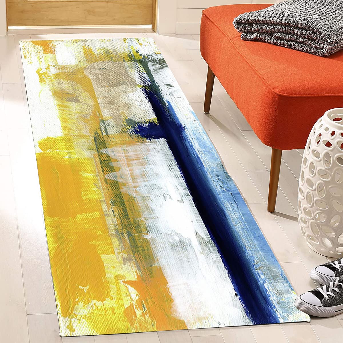 Mamatong Contemporary Modern Abstract Blue Yellow Vibrant Area Rug 5x7 Ultra Soft Wool Aesthetic Rug for Living Room Bedroom Dining Office Art Deco Floor Rug Kitchen Hallway Runner