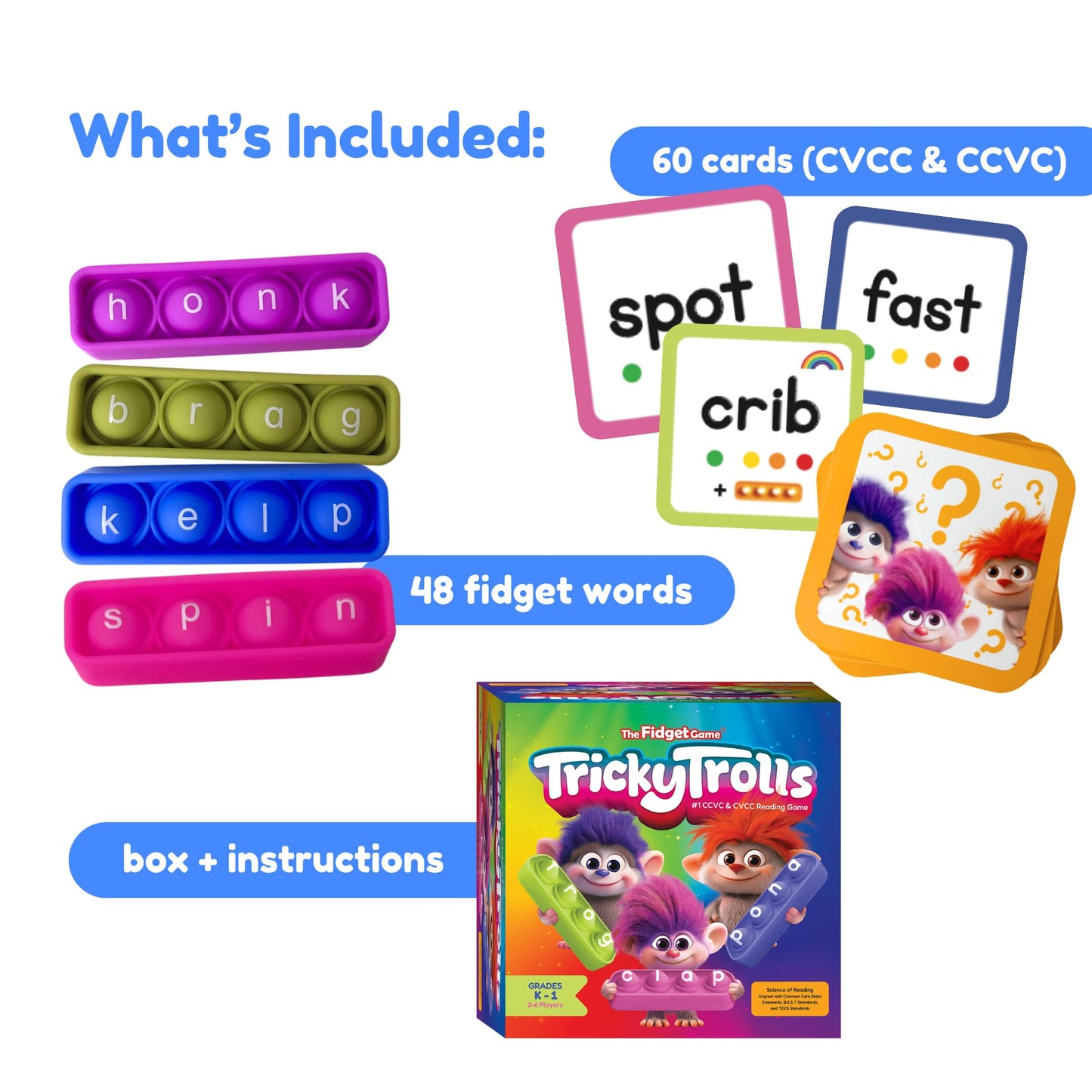 THE FIDGET GAME Tricky Trolls CCVC & CVCC Reading Game, Mini Pop Sensory Toy to Learn and Spell, Educational Kindergarten Classroom Activities, Multisensory Phonics Flash Cards for 4+ Years