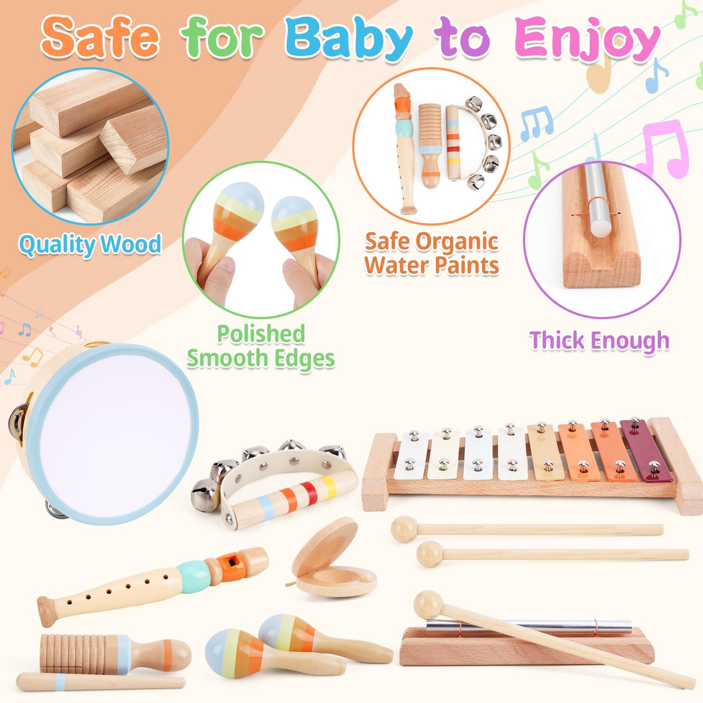 Wooden Musical Instruments for Toddlers 1-3 - Montessori Educational Toys for 1 2 3 Year Old Baby Kids, with Xylophone, One 1st 2st Christmas Birthday Gifts for Girls Boys