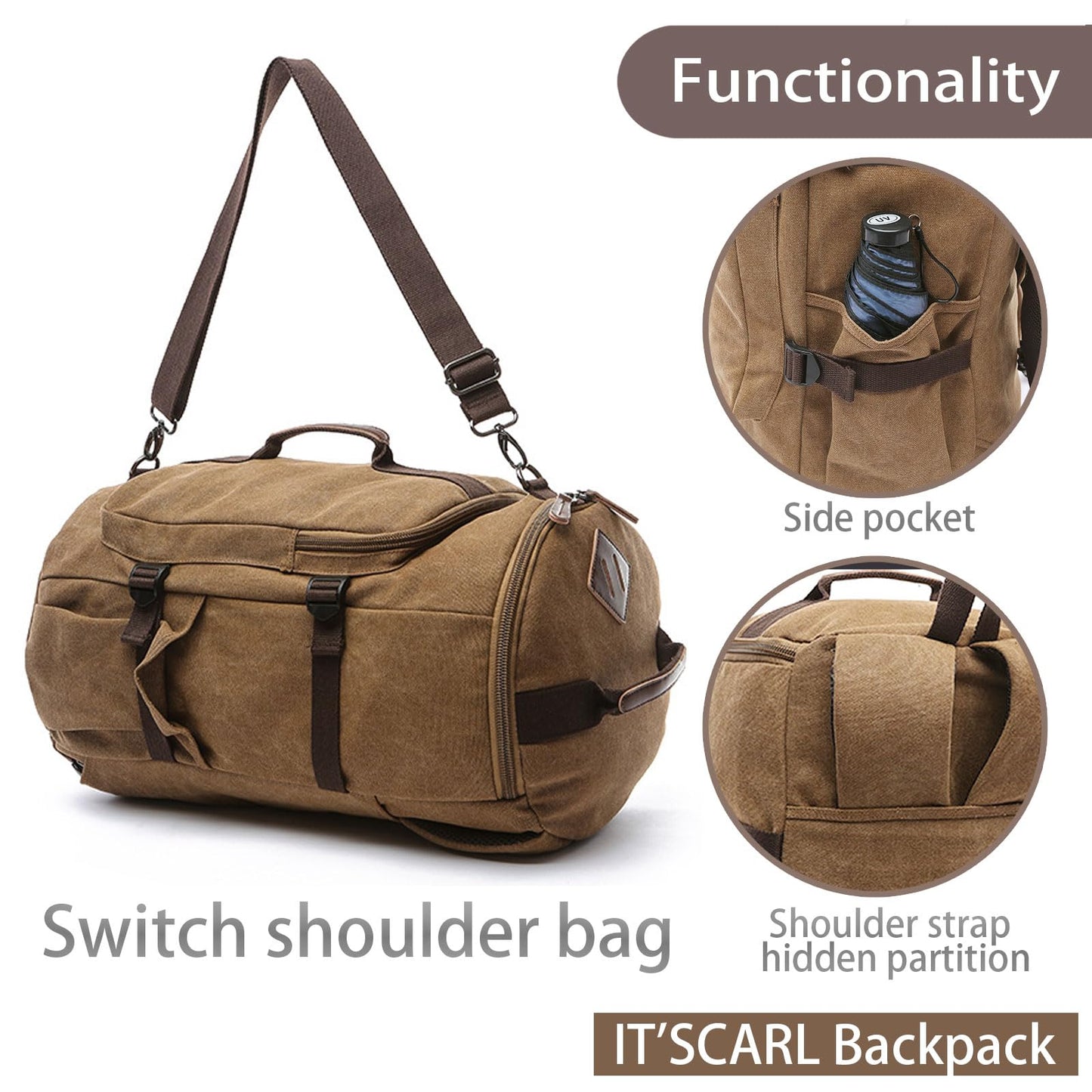 IT'SCARL Large backpack for men,Travel backpack,Carry on, Canvas big bag,Work back pack(khaki)