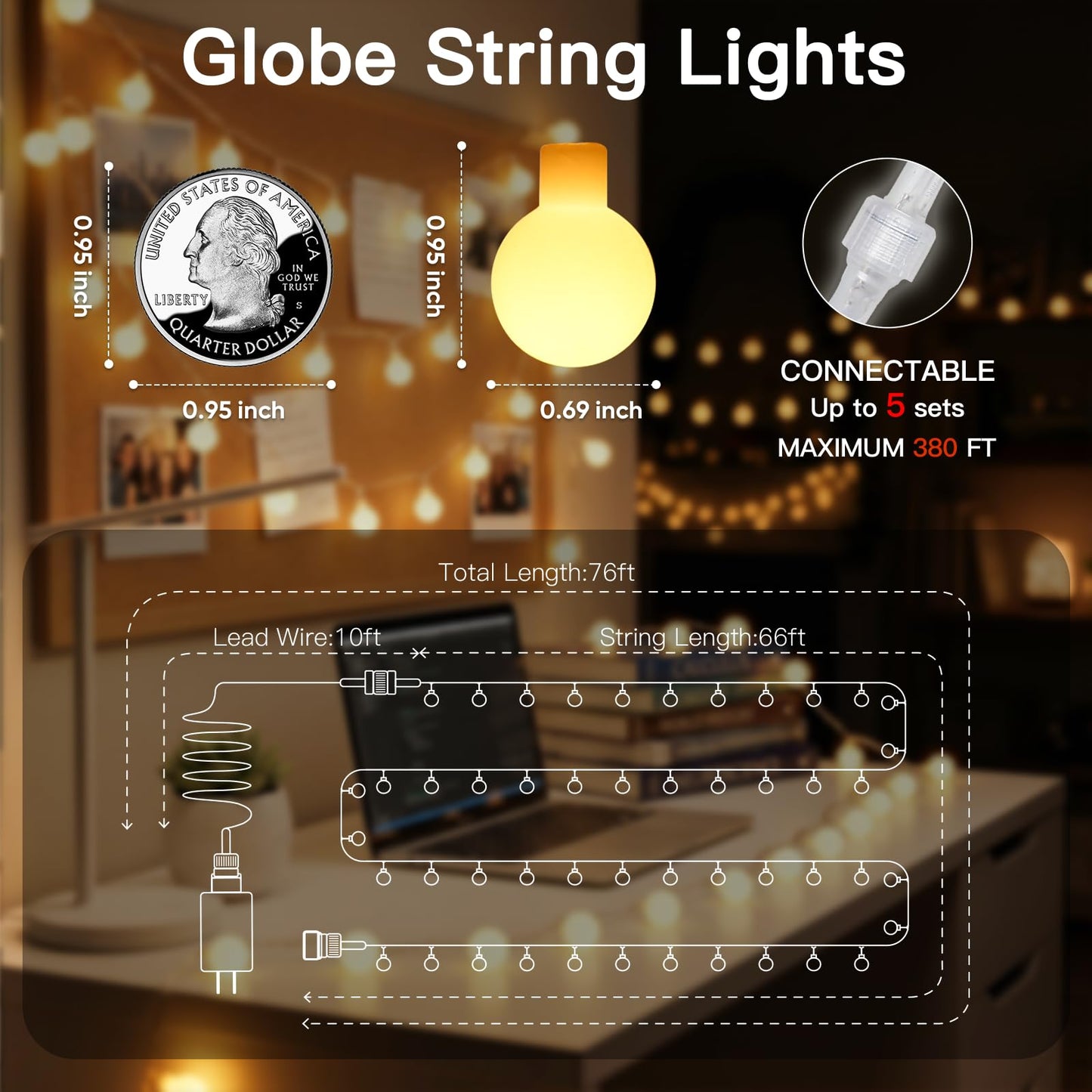 suddus String Lights for Bedroom, 66ft 200 Led Connectable Globe String Lights Indoor, Hanging Fairy Lights Plug in with Remote for Kids Room Dorm Classroom Outdoor Christmas Tree Decor, Warm White