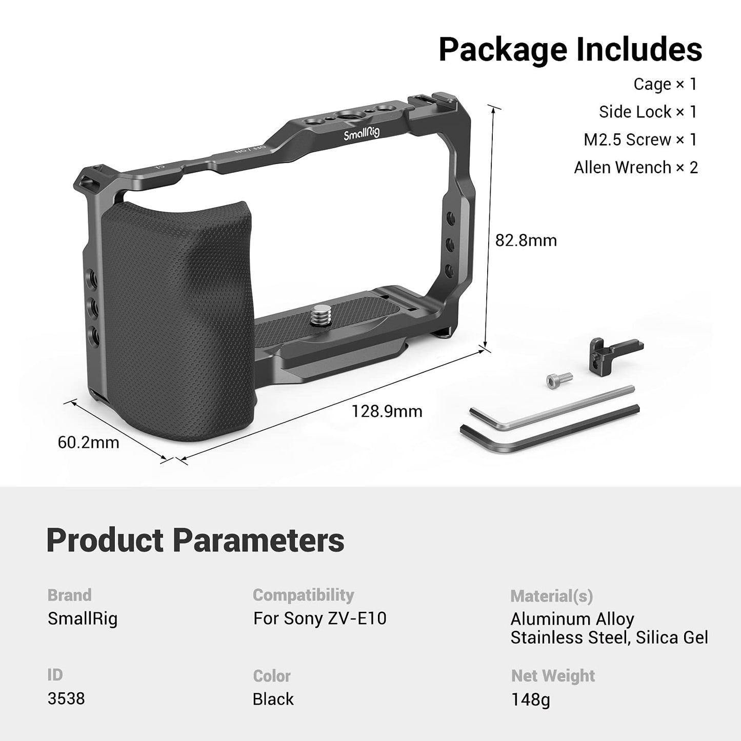 SMALLRIG ZV-E10 Cage with Silicone Handle and Built-in Threaded Holes, Cold Shoe and Quick Release Plate for Sony ZV-E10