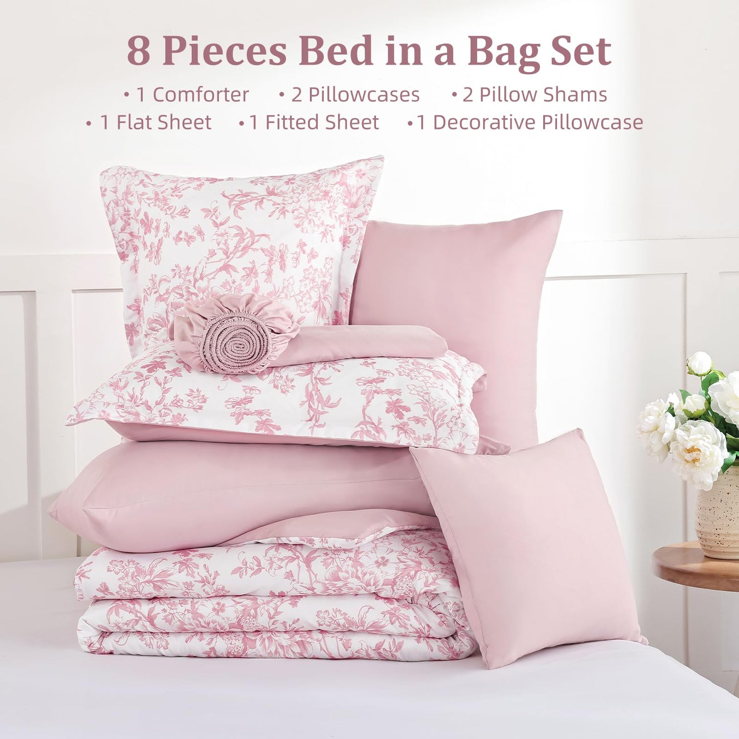 WONGS BEDDING Queen Size Comforter Set, 8 Pieces Pink Floral Bed in a Bag Comferter Sets, Botanical Print Soft Fluffy Microfiber Complete Bedding Sets for All Season (90"x90")