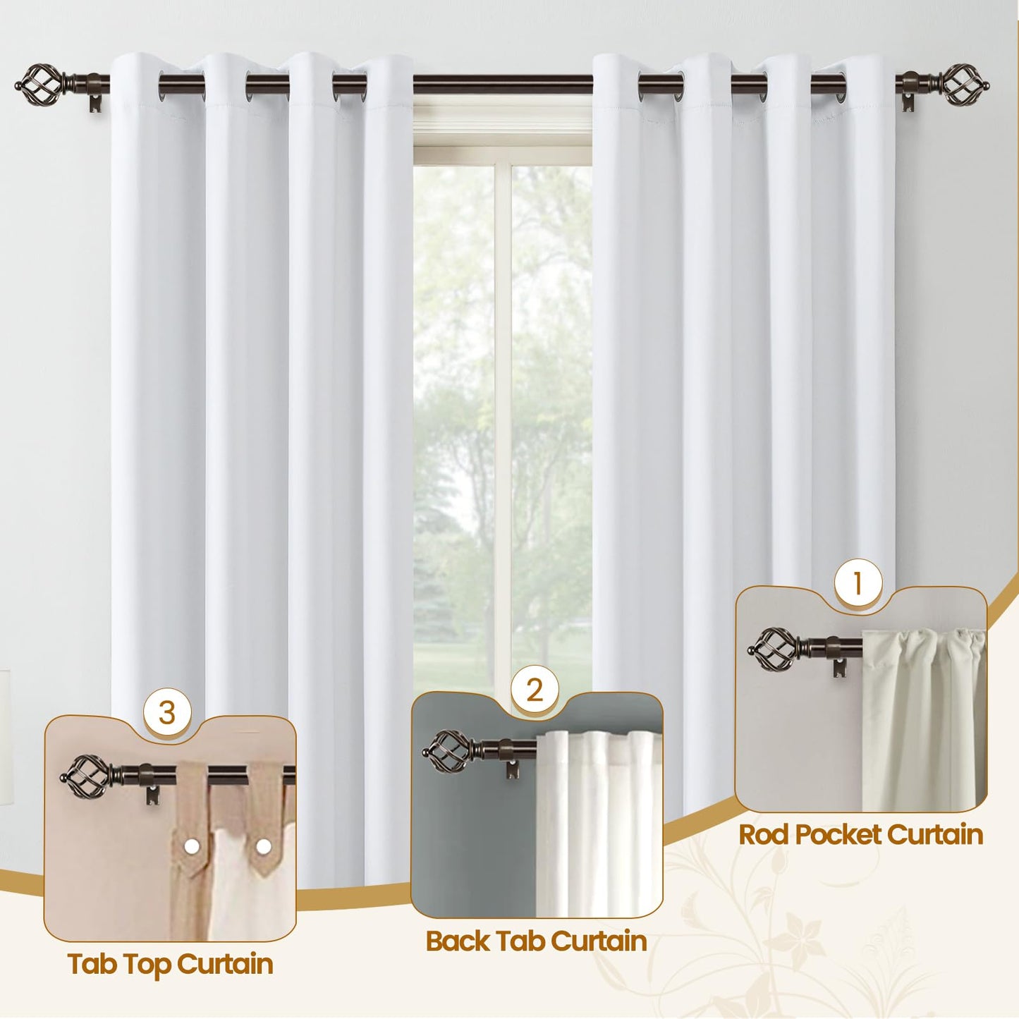 KAMANINA 2 Pack Curtain Rods 32 to 58 Inches (2.6-4.8ft), 3/4 Inch Curtain Rods for Windows Splicing Adjustable Single Drapery Rod with Twisted Cage Finial, for Indoor and Outdoor, Bronze