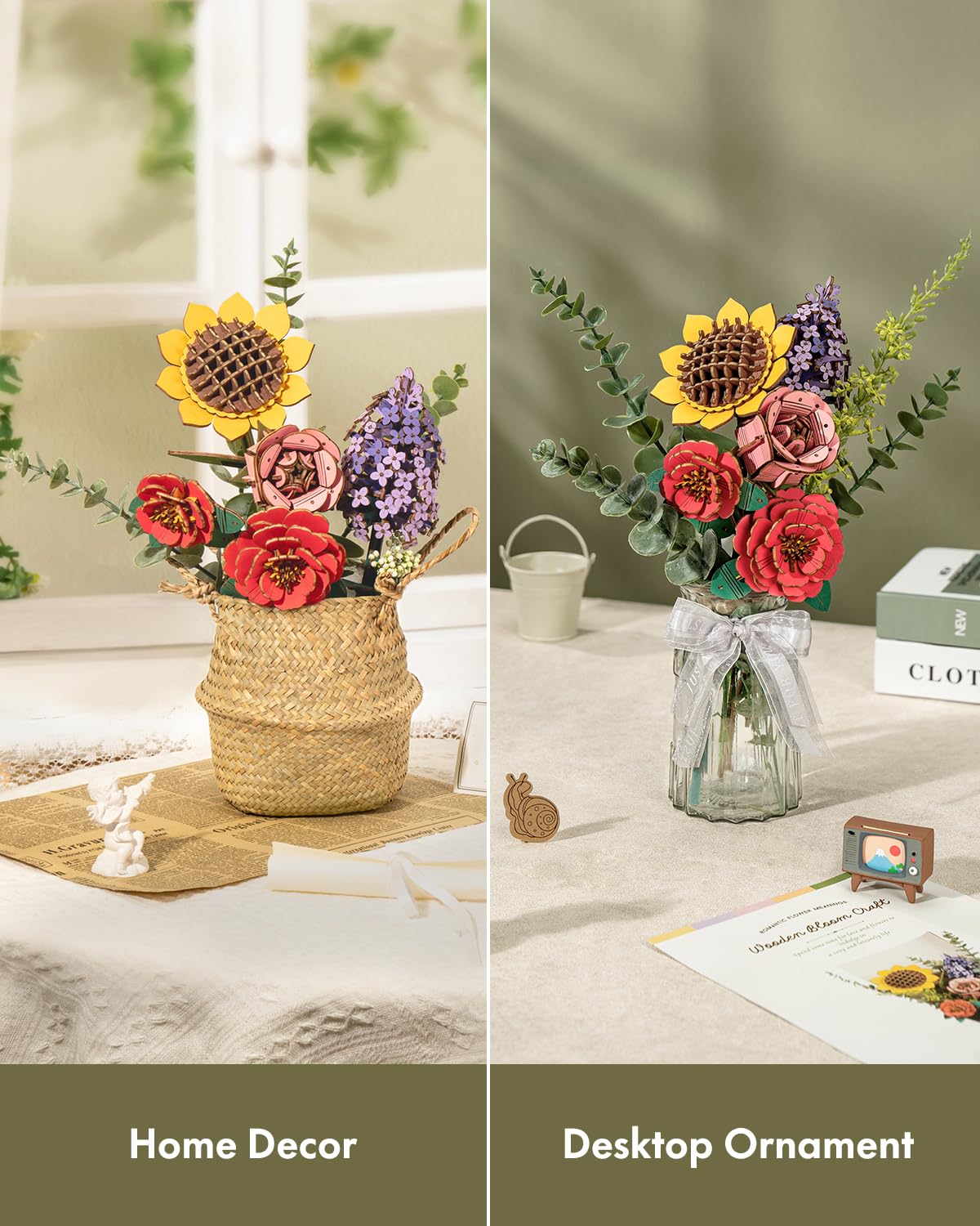 ROBOTIME Wooden Flower Bouquet Building Kit TW01H, Blossom Bouquet Wooden 3D Puzzles, Crafts for Adults Creative Gift