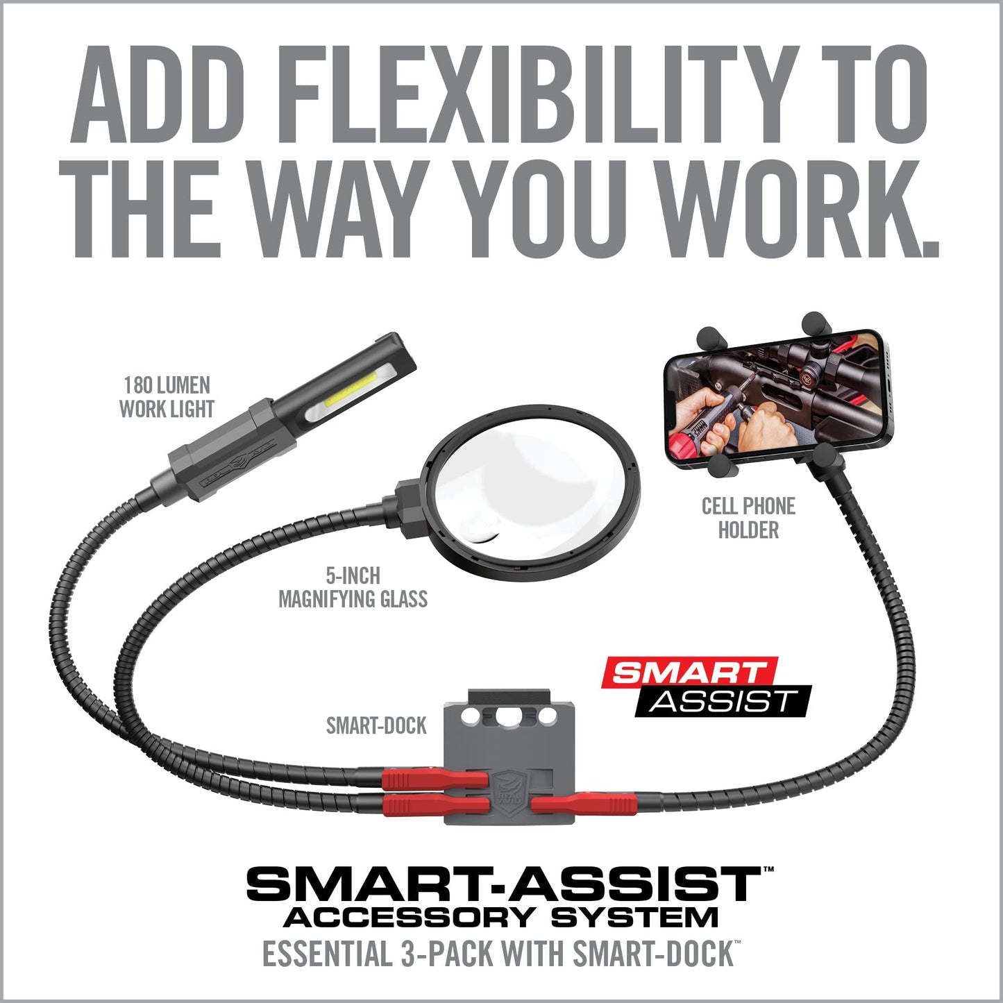 Real Avid Smart-Assist Accessory System | Includes 180 Lumen Work Light, 5-Inch Magnifying Glass and Cell Phone Holder