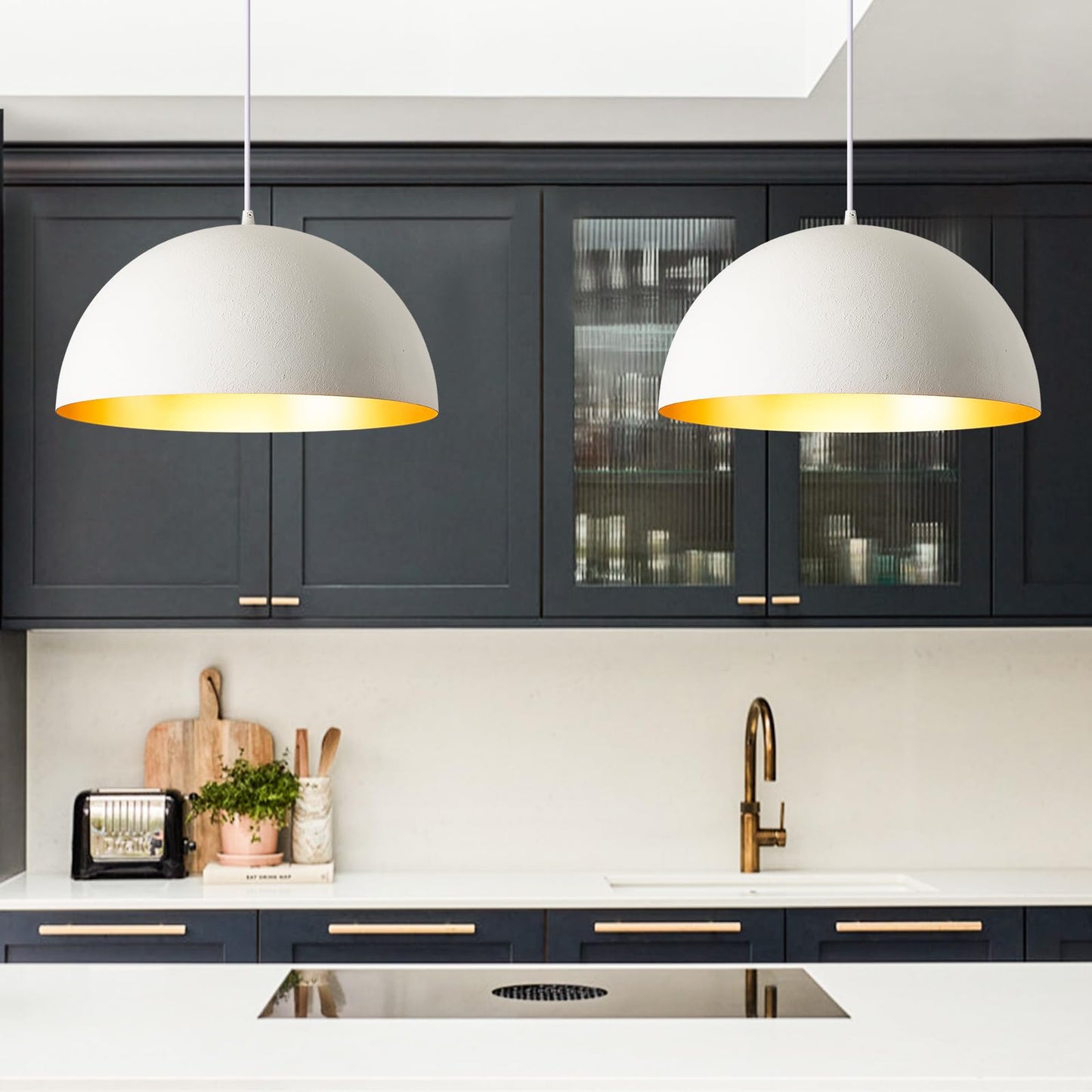 16” Large Dome Pendant Light Fixtures, White and Gold Hemispheric Pendant Lights Kitchen Island, Modern Adjustable Hanging Ceiling Light Chandelier for Kitchen Island Living Room Dining Room, 2 Pack