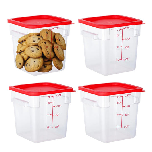 BIEAMA 4 Pack Food Storage Containers, 8 Quart with Lids, Square Commercial Containers with Scale, NSF, Polycarbonate, Clear