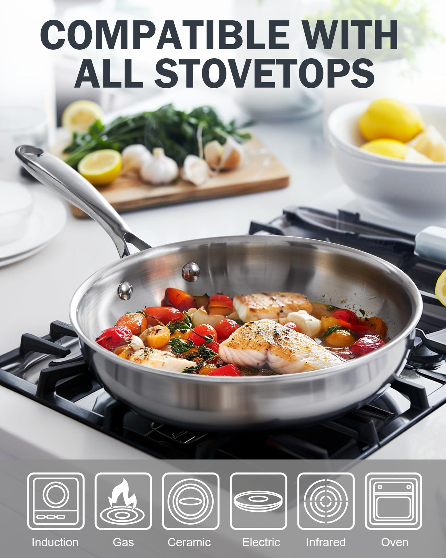 Cooks Standard Stainless Steel Frying Pan with Lid, 12-Inch Multi-Ply Clad Wok Stir Fry Pan, Kitchen Skillet, Silver