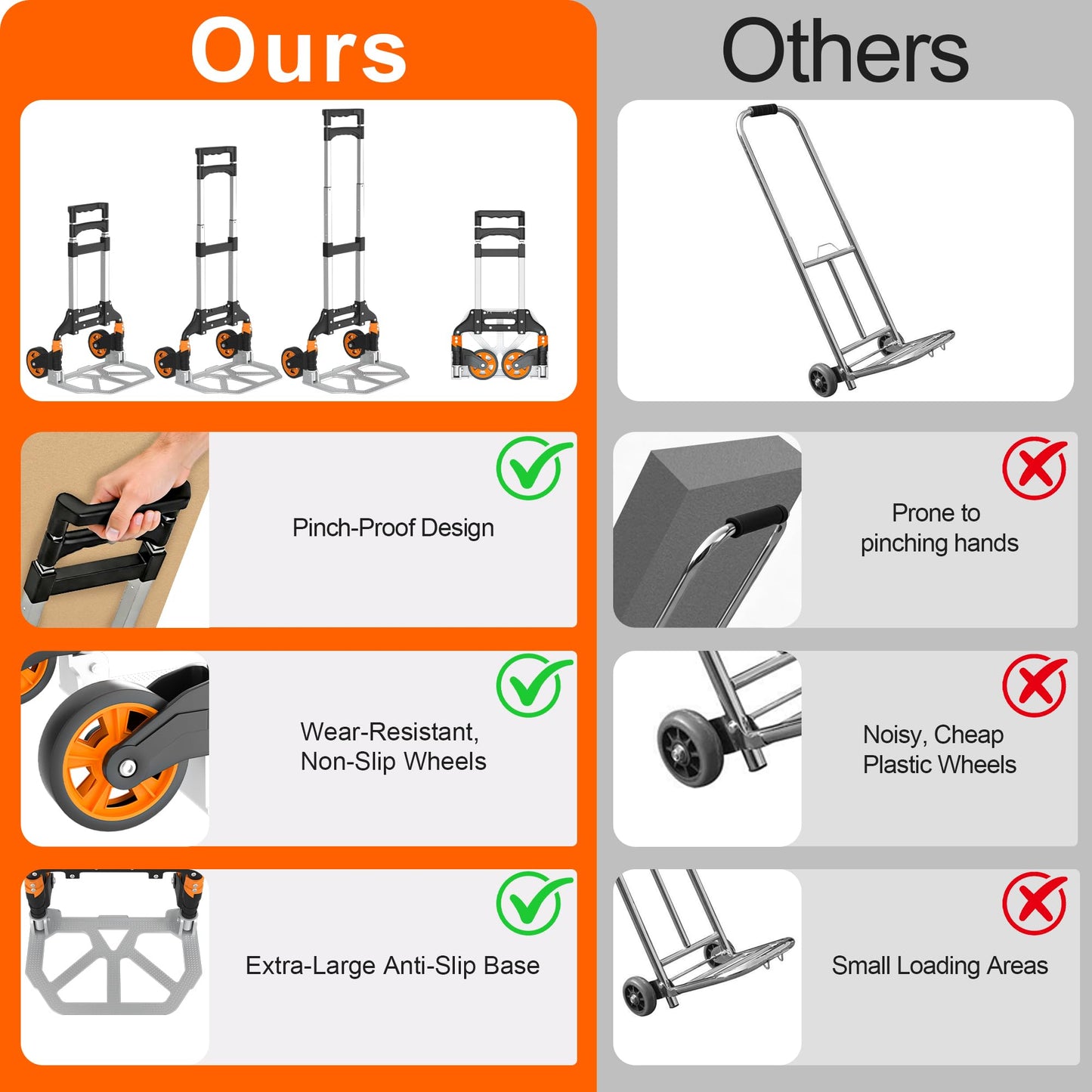 DIAMONDFORGE Folding Hand Truck, 180lbs Lightweight Foldable Dolly Cart with Wheels and Telescopic Handle, Portable Folding Dolly with Rubber Wheels for Moving Groceries, Home, Auto, Black Orange