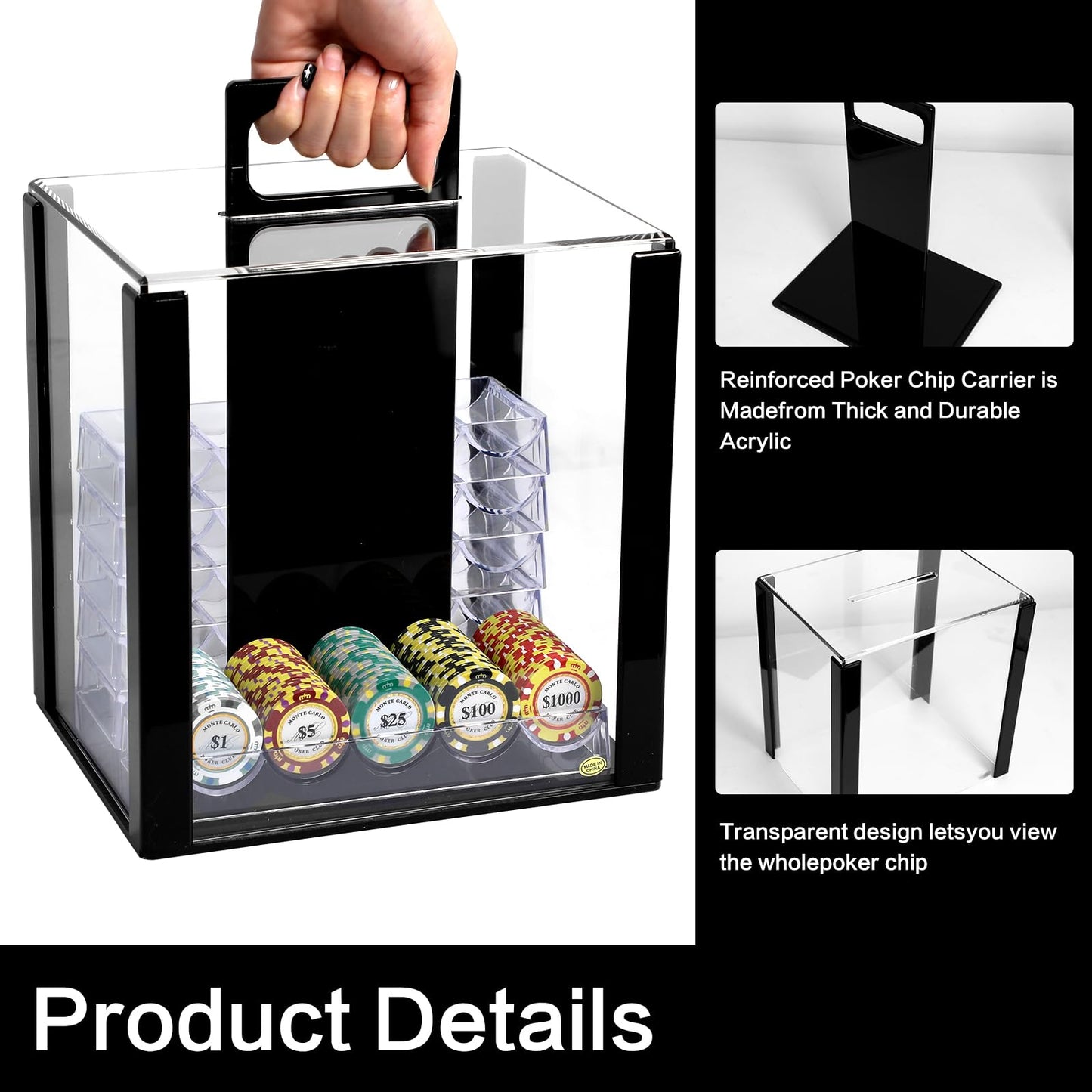 JIESITE Acrylic Poker Chip Case 1000pcs Capacity Poker Chip Trays Set Including 10 Poker Chip Holder Poker Chip Display Case for Standard Size Chips (1000pcs)