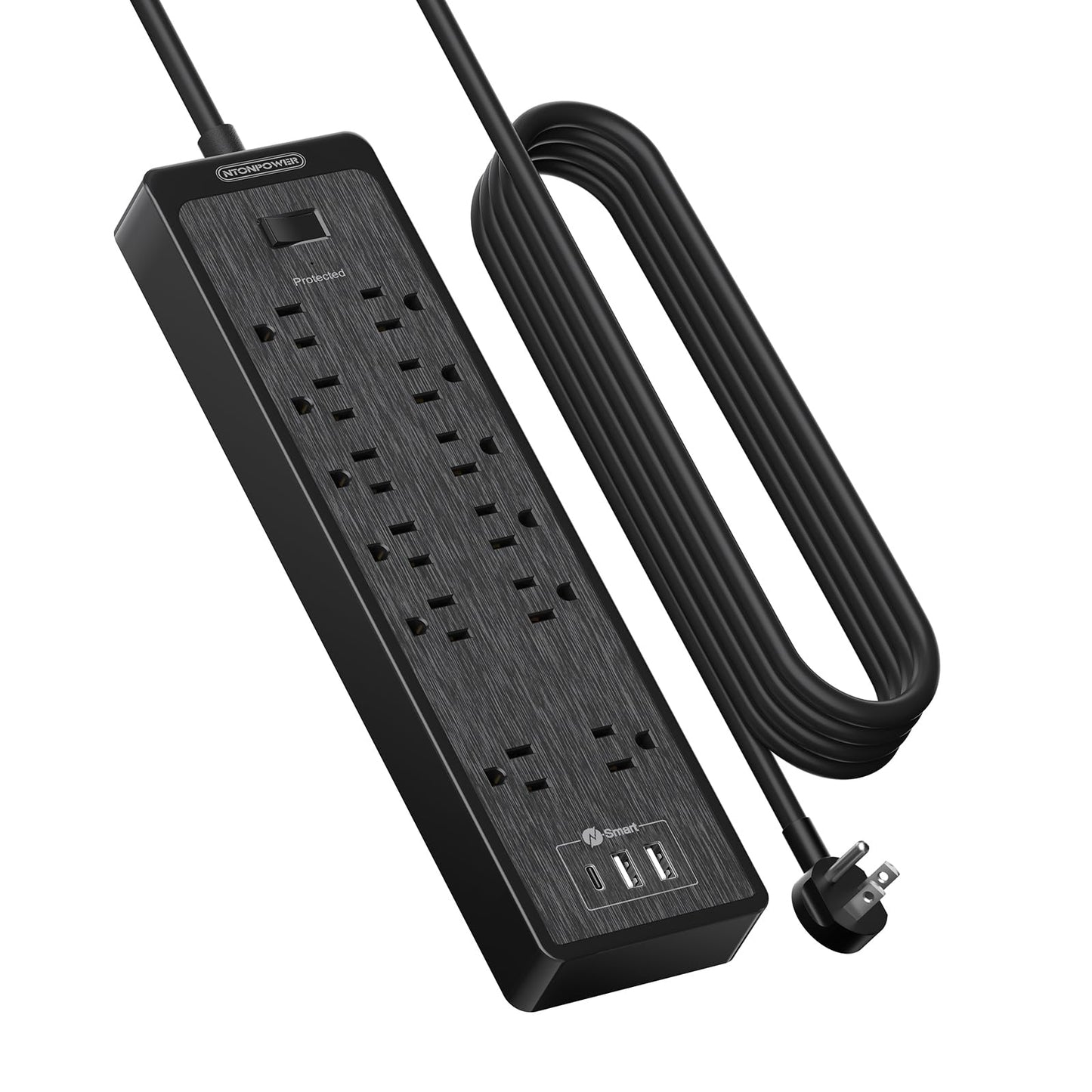 NTONPOWER 15 ft Extension Cord, Flat Plug Surge Protector Power Strip with USB, 12 Outlets Surge Protector Wall Mount, 2100 Joules, 1875W, 15A Circuit Breaker for Home Office Dorm Essentials, Black
