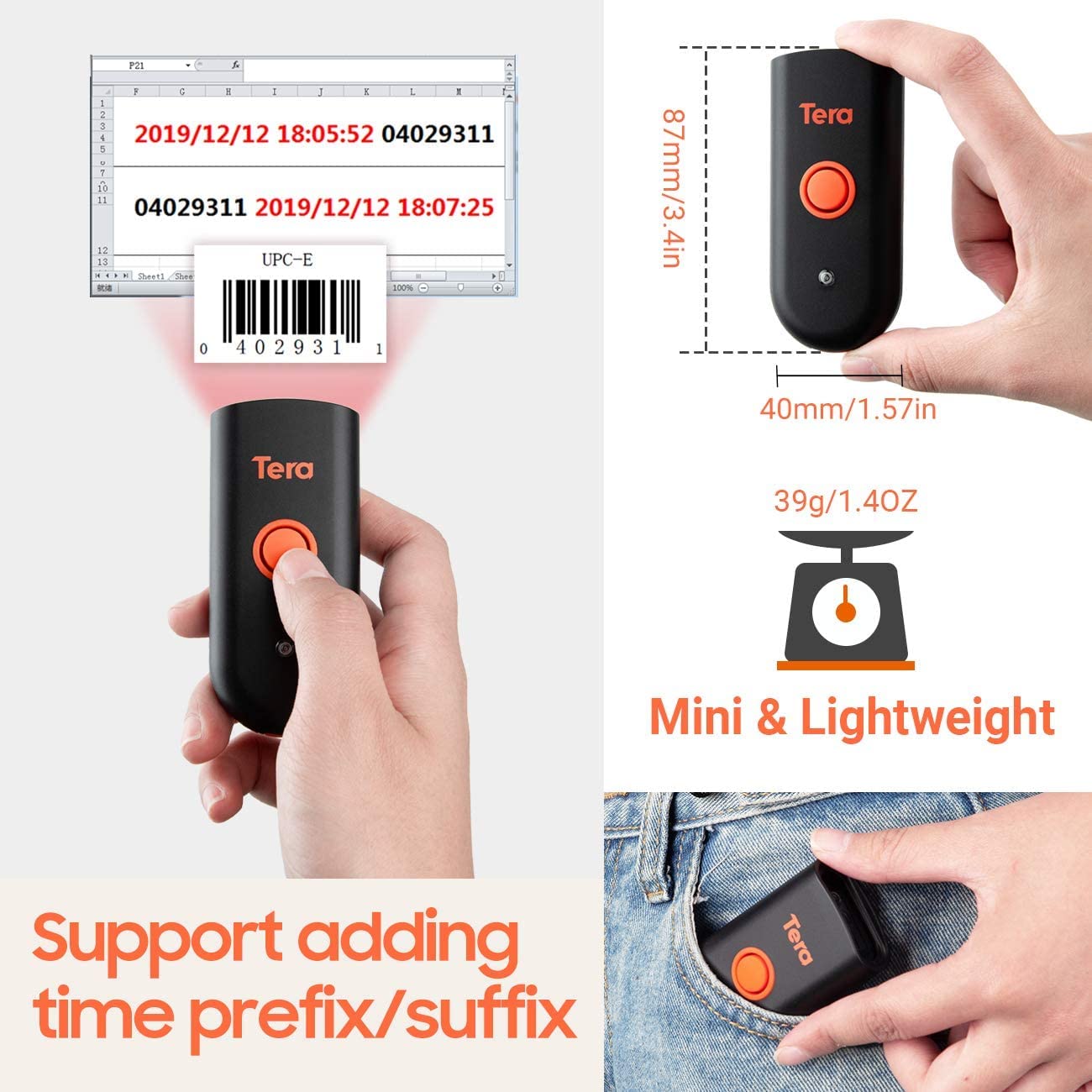 Tera Mini 1D 2D QR Wireless Barcode Scanner, Waterproof Shockproof Pocket Scanner, 3-in-1 BT & USB Wired & 2.4G Bar Code Reader Portable Image Scanner Work with iOS, Windows, Android 1100D