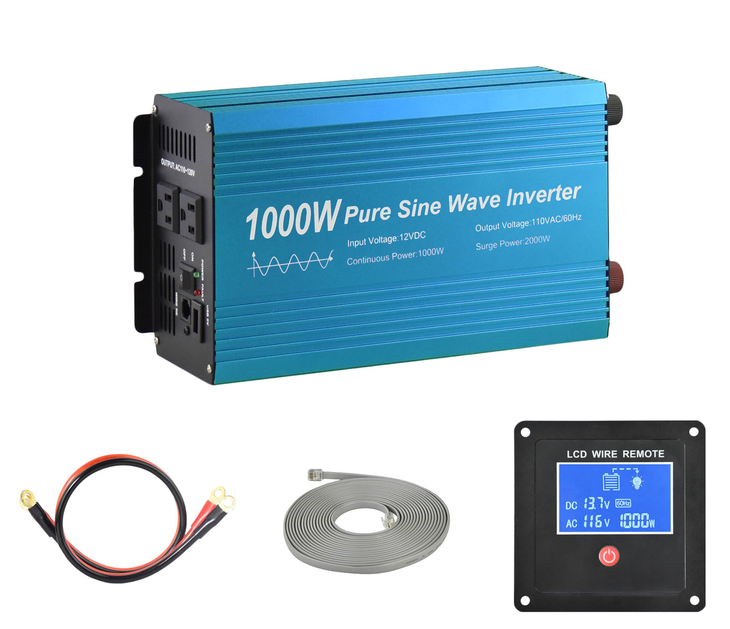 Fit4Less Pure Sine Wave Power Inverter 1000W DC12V to AC 110V with Dual sockets and USB, LCD Remote kit. (1000W)