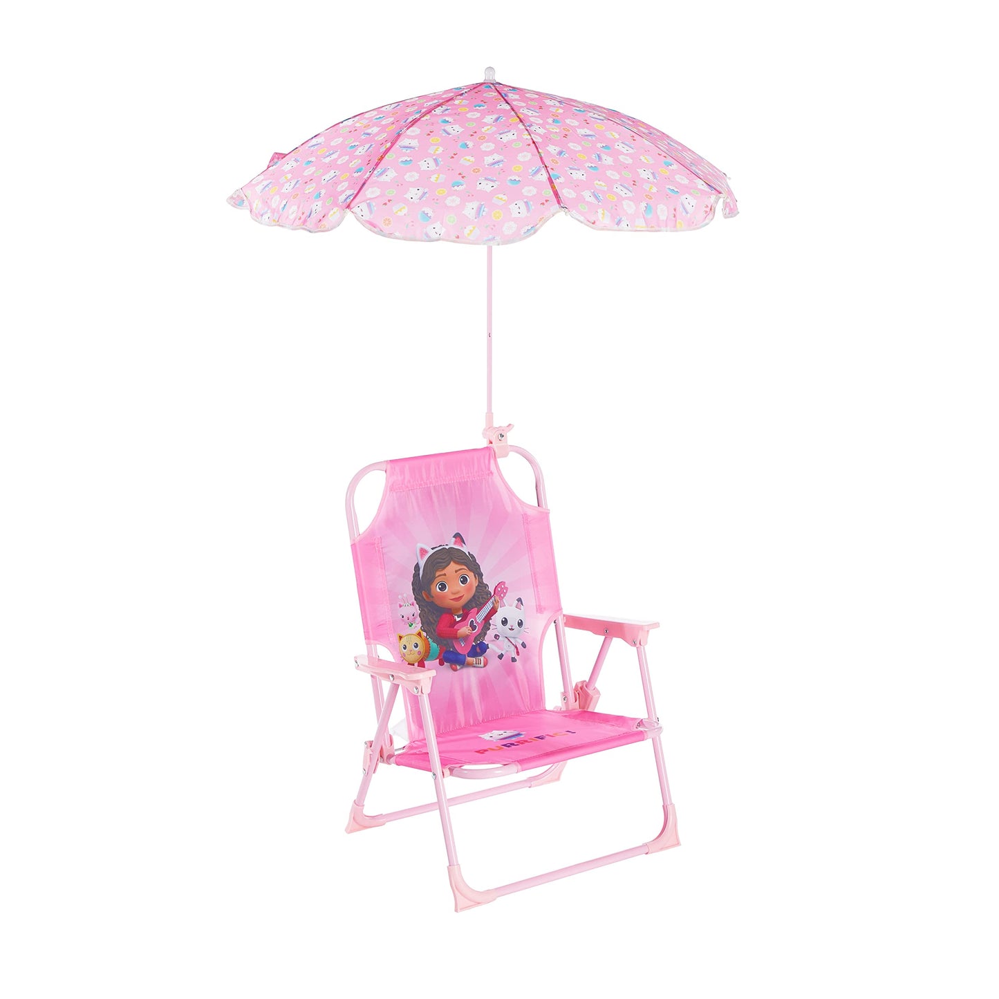 Idea Nuova Gabby’s Dollhouse Kids Folding Beach Chair with Umbrella, Outdoor Chair for Girls Ages 3+,Portable, Lightweight, UV Protection - Patio, Pool, Beach Travel Accessory