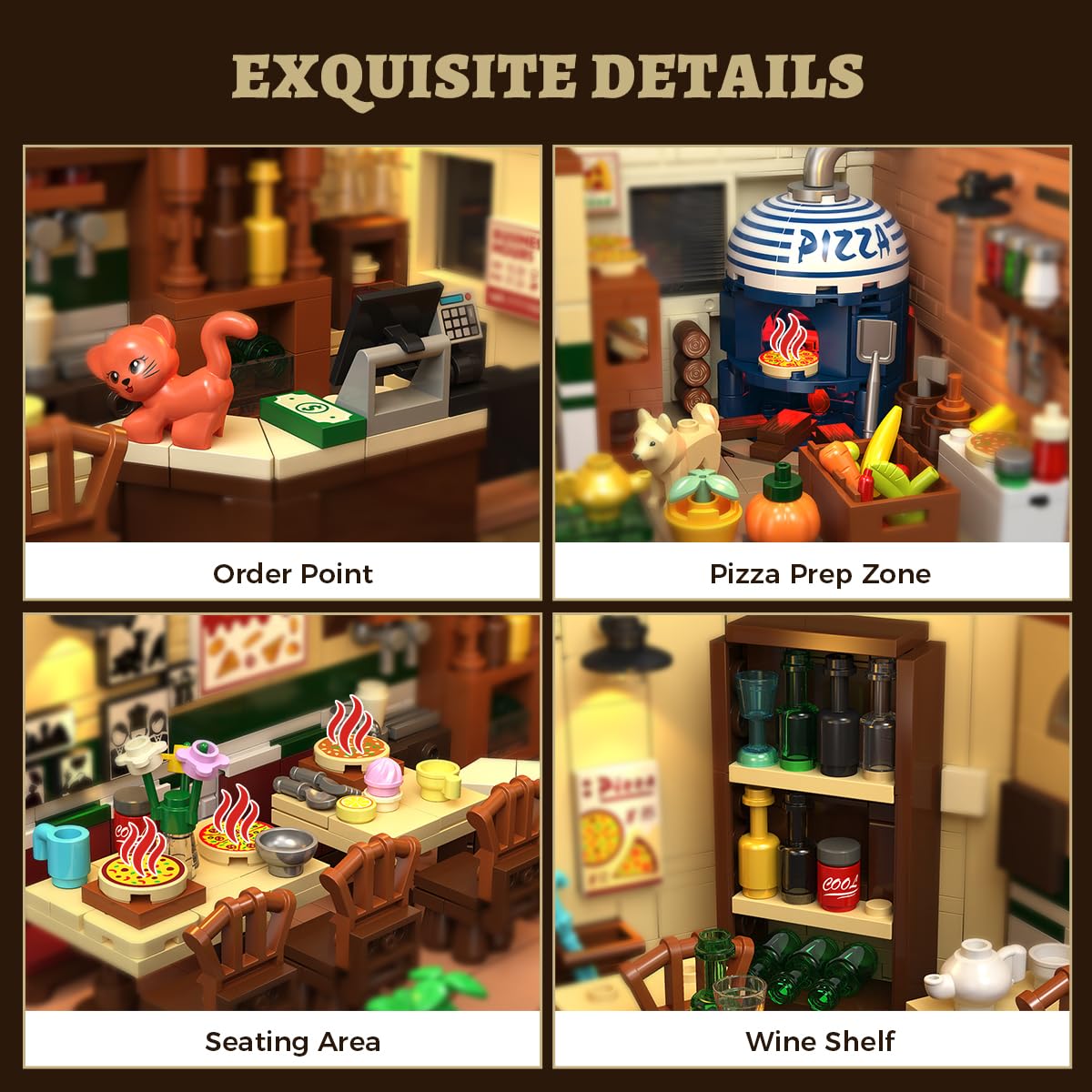 INSOON City Street Pizza Restaurant Building Set with Light, 1098PCS Pizzeria House Architecture Model with Retro Pizza Van, Home Decor Construction Building Block Gift for Adults Teens Boys Girls 12+