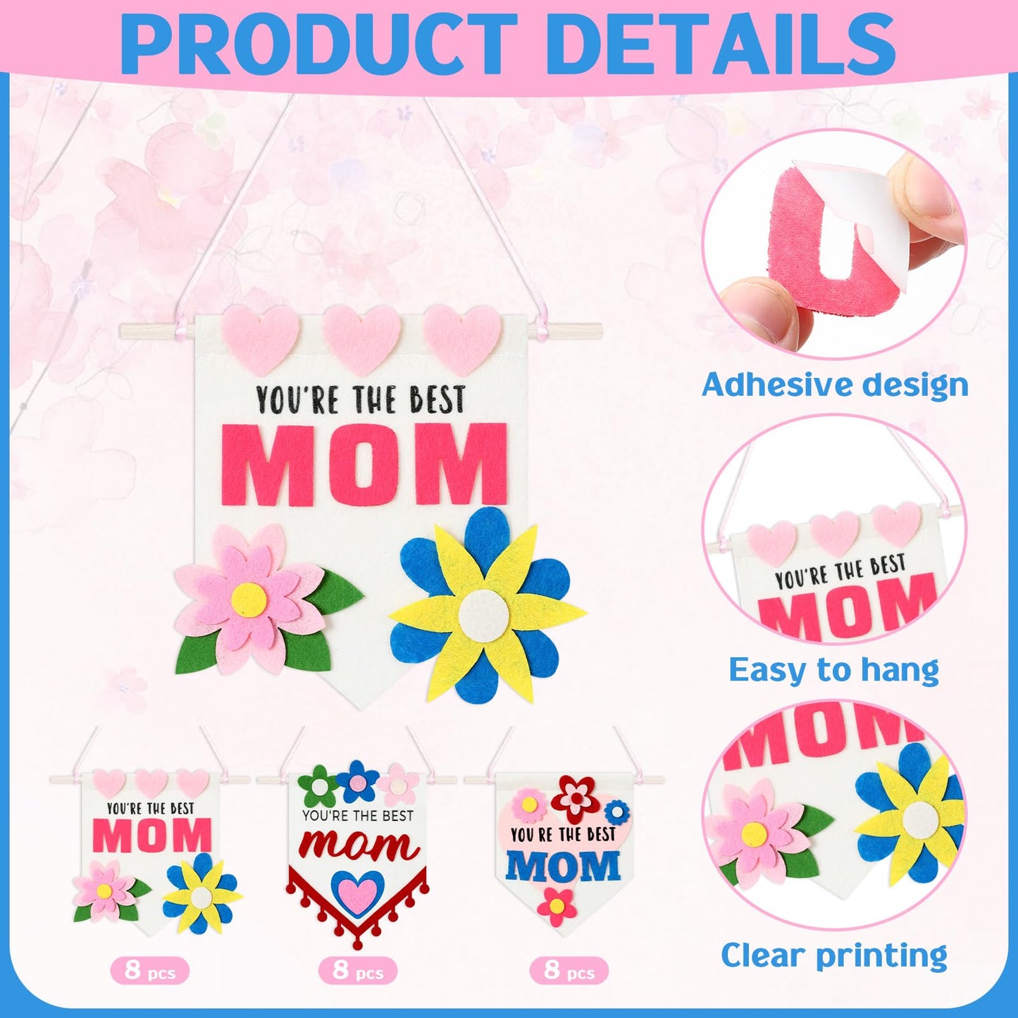 Mindsoft 24 Set Mini Mother's Day Banner Craft Kit 3 Designs Mother's Day Banner Mothers Day Crafts for Kids Classroom Holiday Mom Gift for Kids DIY Home School Crafts Outdoor Yard Door Decorations