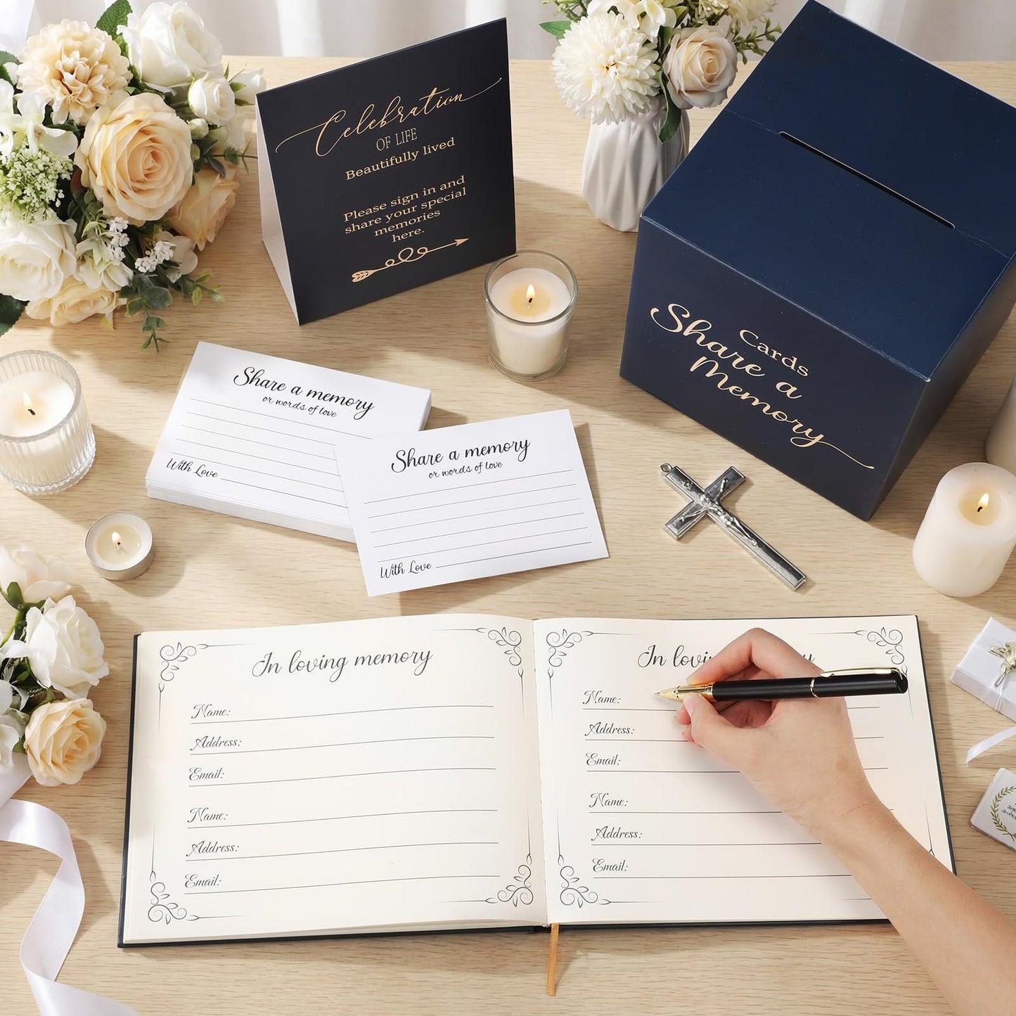 Engrowtic 64 Pcs Guest Book Set Funeral Guest Book Celebration of Life for Memorial Service with 60 Pcs Share a Memory Cards Box Table Pen Guestbook Sign in Loving Memory for Registry(Blue)