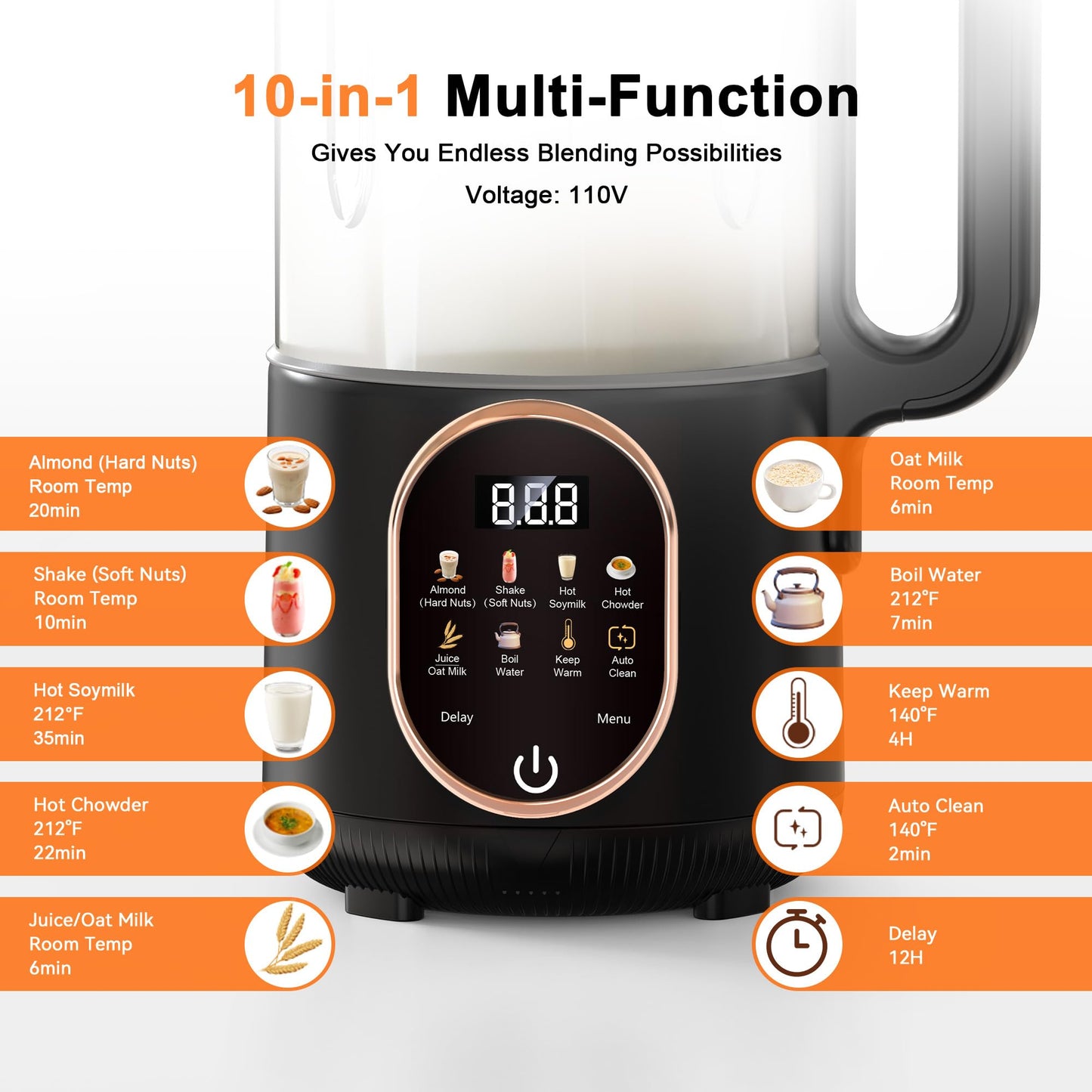 50oz Nut Milk Maker Machine, 10 in 1 Automatic Plant Based Milk Maker for Homemade Oat, Coconut, Chowder, Juice, Soy Milk with 20 Blades,Delay Start, Boil Water, Keep Warm & Auto Clean