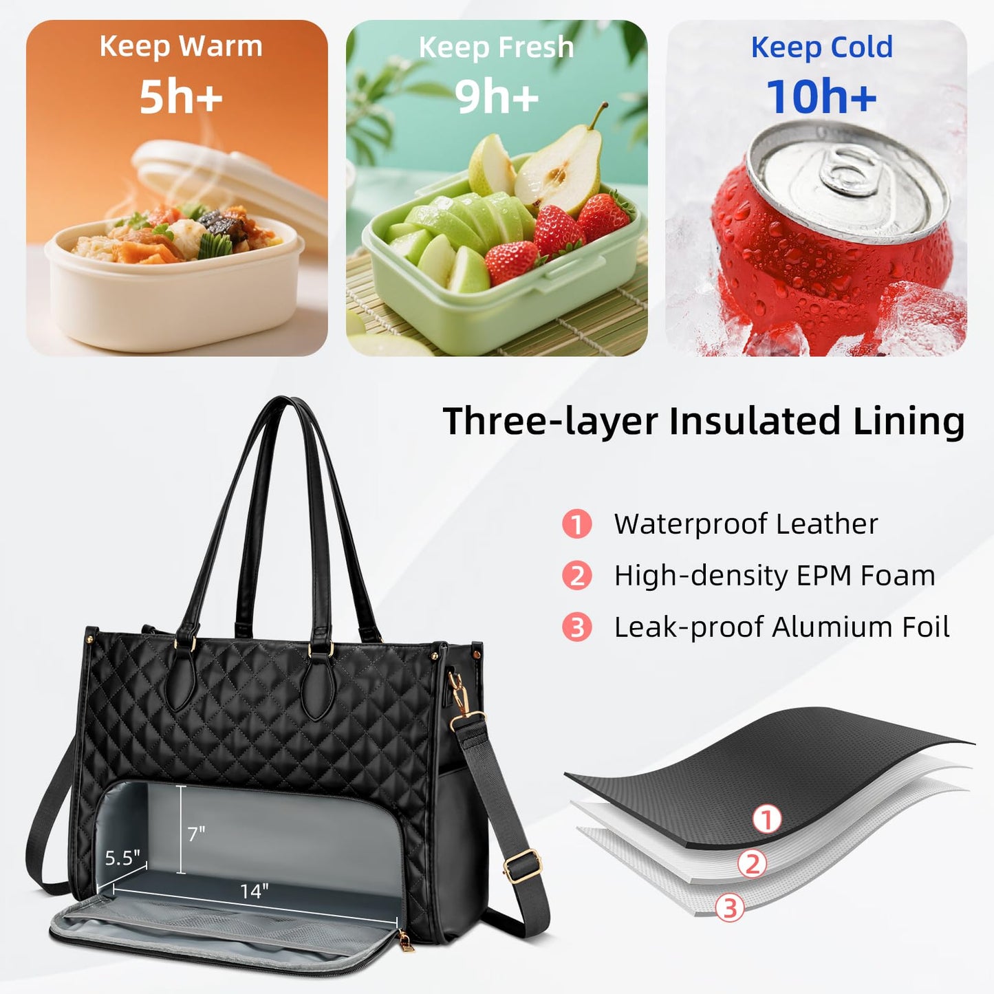KKXIU Updated 2-in-1 Insulated Lunch Bag & 15.6 Inch Laptop Tote for Women, Large Capacity Thermal Meal Bag with Padded Laptop Compartment, Quilted Work Bag for Office, Teacher, Commuter (Black)