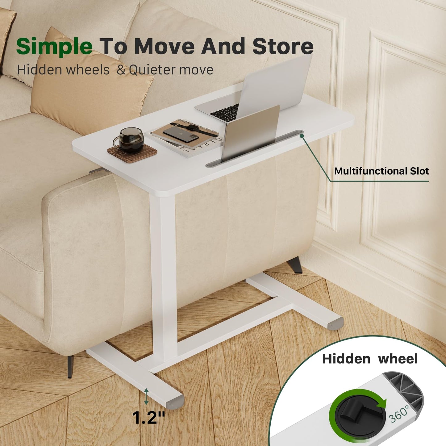 Gibbon Mounts Mobile Standing Desk, Pneumatic Adjustable Rolling Desk(27.5 Inches), Portable Laptop Desk with Wheels, Overbed Bedside Table Laptop Table for Couch, Home, Office, White