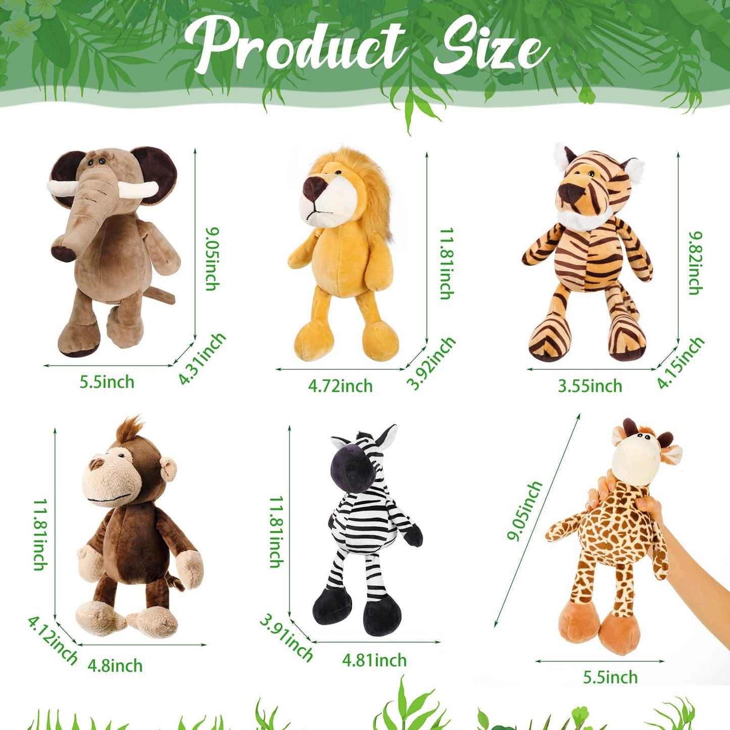 12 Pieces Safari Stuffed Animals 11.8 Inch Jungle Animal Toys Set for Boys Girls Plush Forest Lion Elephant Zebra Giraffe Tiger Monkey for Zoo Party Teacher Student Award (Cute Style)