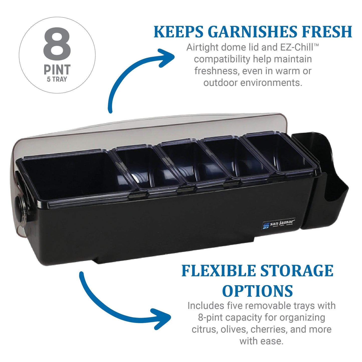 San Jamar Dome Garnish Center 5 Tray with Dome Lid for Kitchen, Bar, And Restaurants, Plastic, 8 Pints, Black
