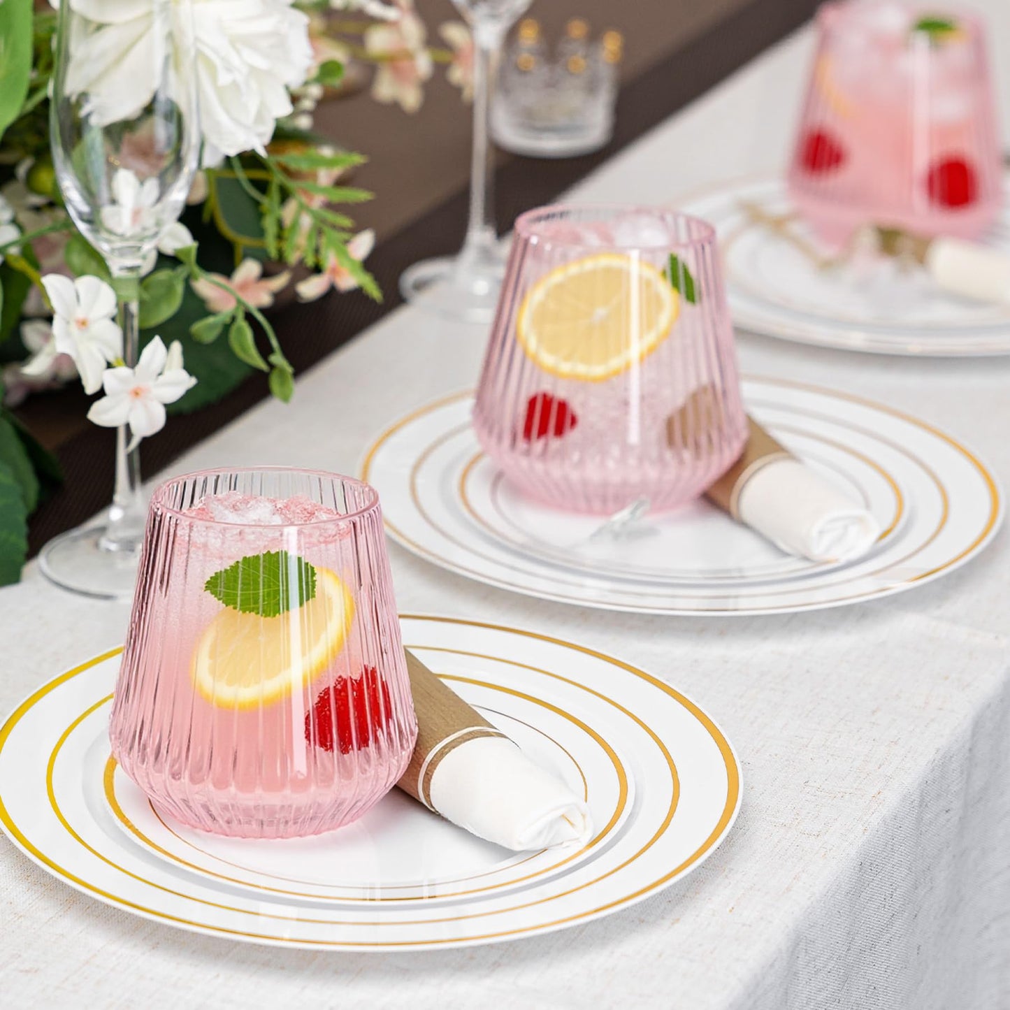 N9R 40 Count Pink Plastic Wine Glasses Disposable 14oz - Elegant Origami Ripple Design, Shatterproof & Disposable for Whiskey, Cocktail, Champagne, Parties, Weddings, Events