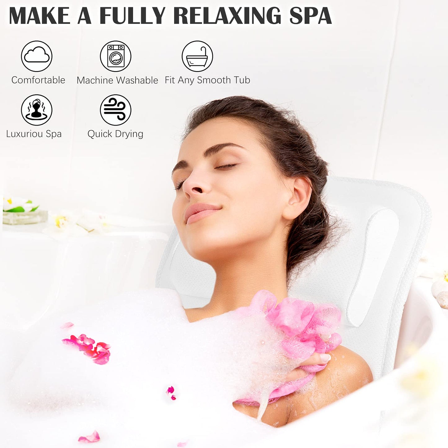 Full Body Bath Pillow for Bathtub, Non-Slip Bath Pillows for Tub, Spa Bathtub Pillow Cushion for Headrest Neck Shoulder and Back Rest Support，Relaxation Spa Accessories-50 x 15" (White)