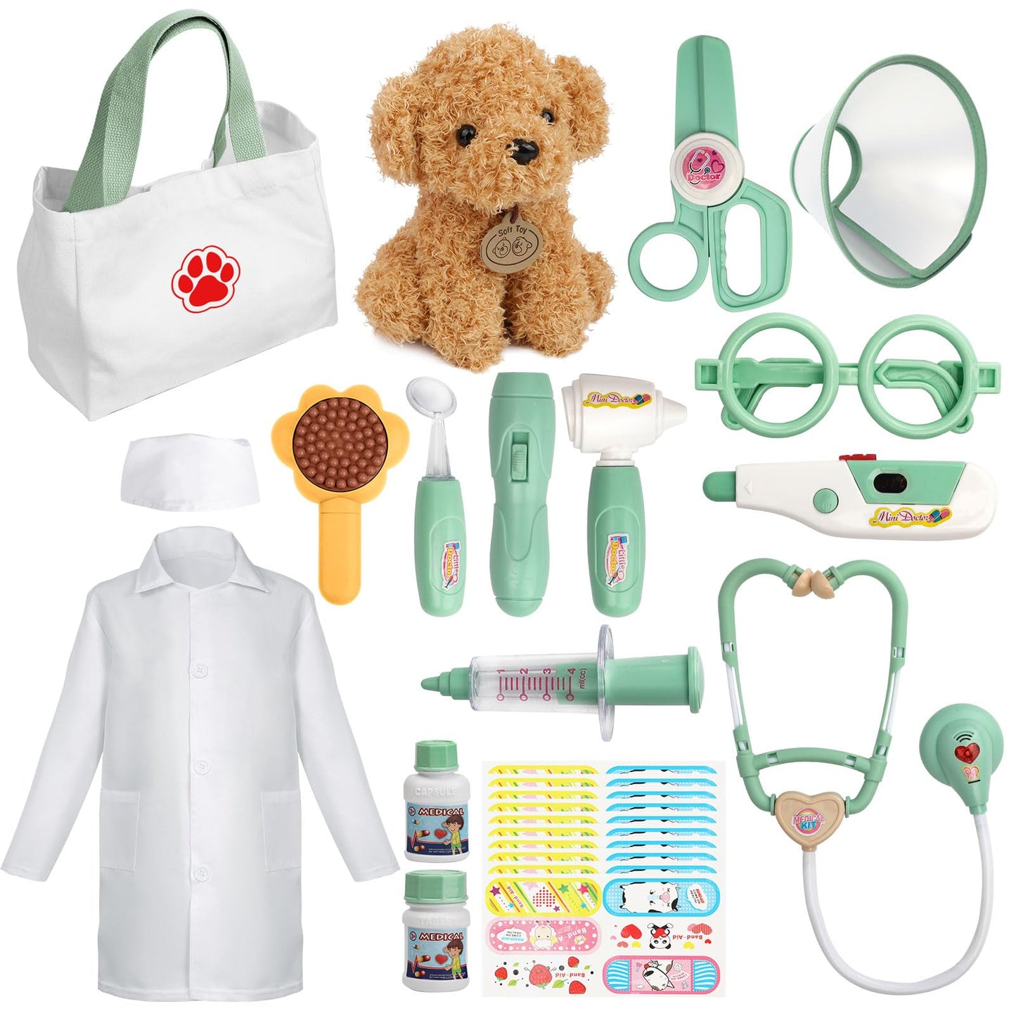 Liberry Doctor Kit for Toddlers 3 4 5 6 Years Old, 26 Pcs Kids Doctor Playset with Dog Toy, Stethoscope and Dress Up Costume, Pretend Play Medical Gift for Girls (Green)