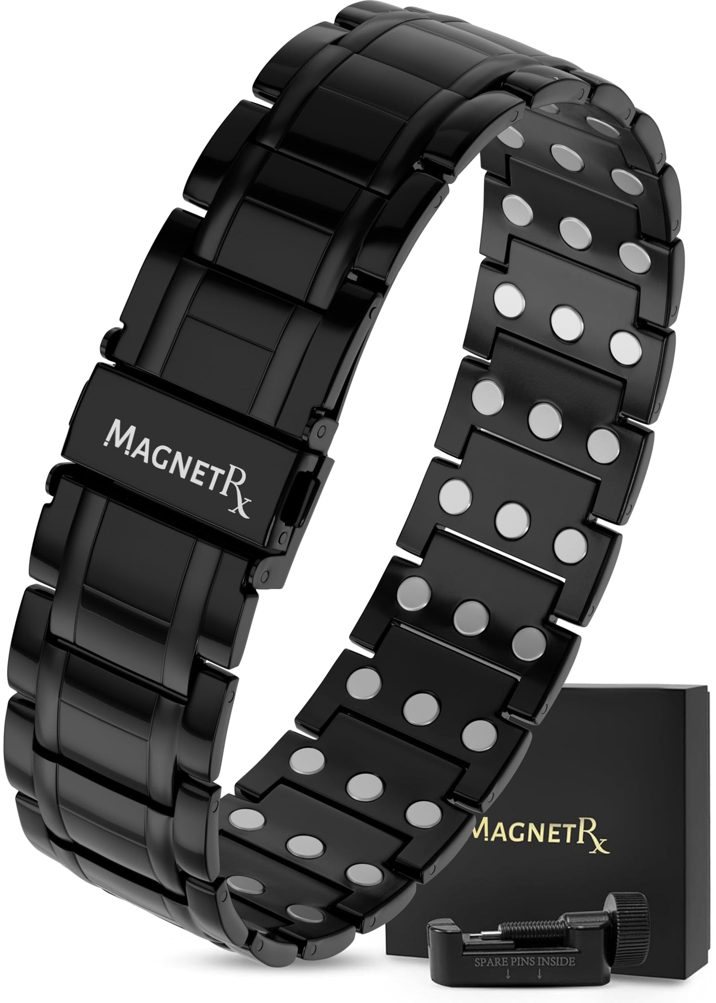 MagnetRX® 3X Strength Magnetic Bracelets for Men – Effective Titanium Mens Magnetic Bracelet – Premium Fold–over Clasp & Adjustable Length with Sizing Tool & Gift Box (Black)