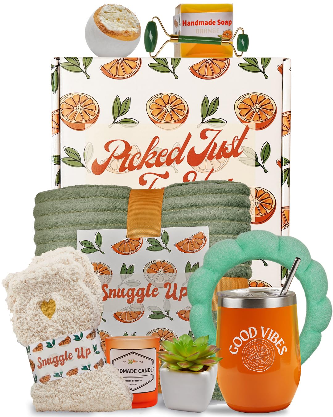 Sunny&Wise Care Package For Women - Designed in USA - Self Care Gifts After Surgery, Get Well Soon, Orange Fruit Themed, Thinking of You, 12 Oz Good Vibes Tumbler