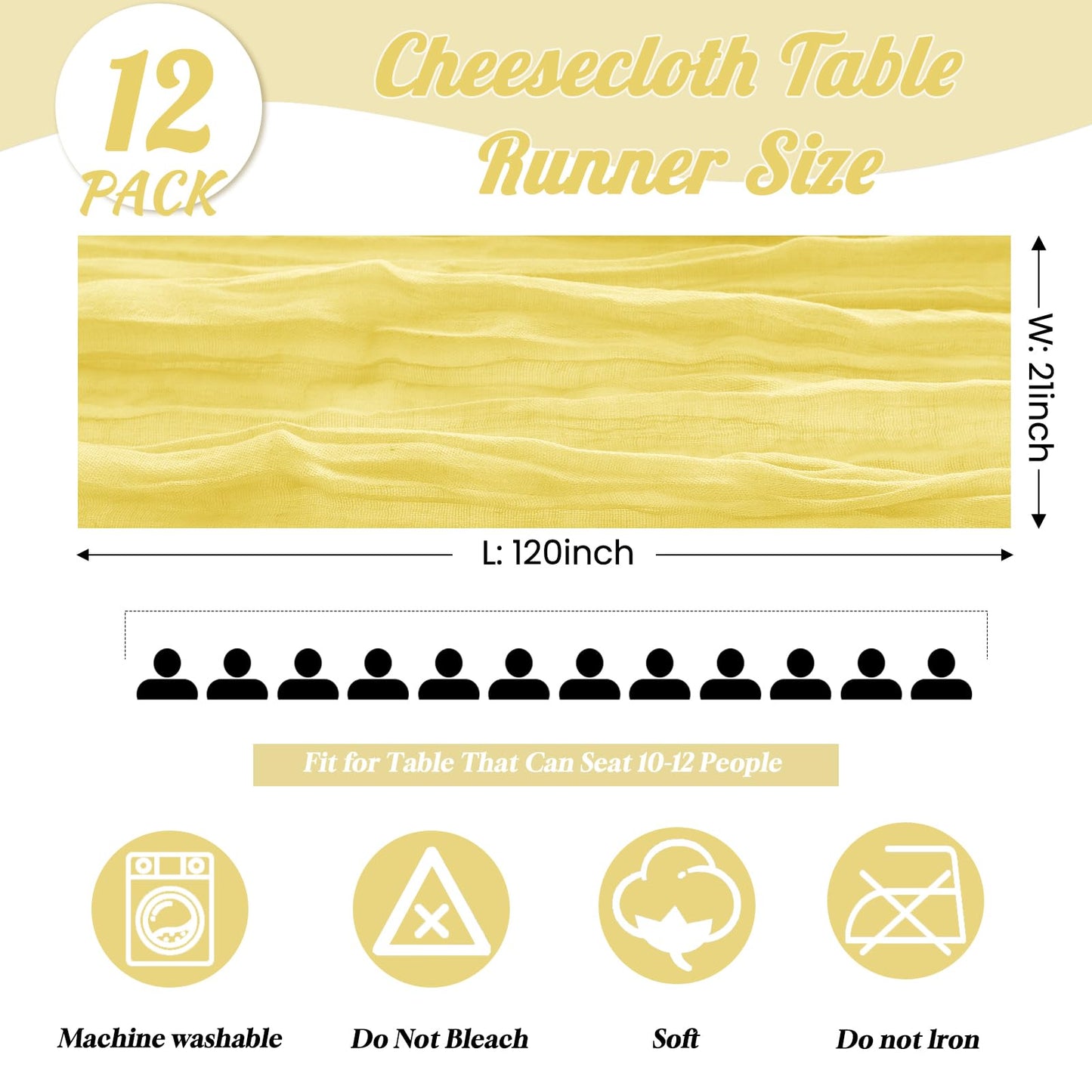 12 Pack Light Yellow Spring Easter Table Runner 10FT Yellow Cheesecloth Table Runner 21x120 inch Boho Gauze Cheese Cloth Table Runner Rustic Sheer Table Runner for Wedding Bridal Baby Shower Decor