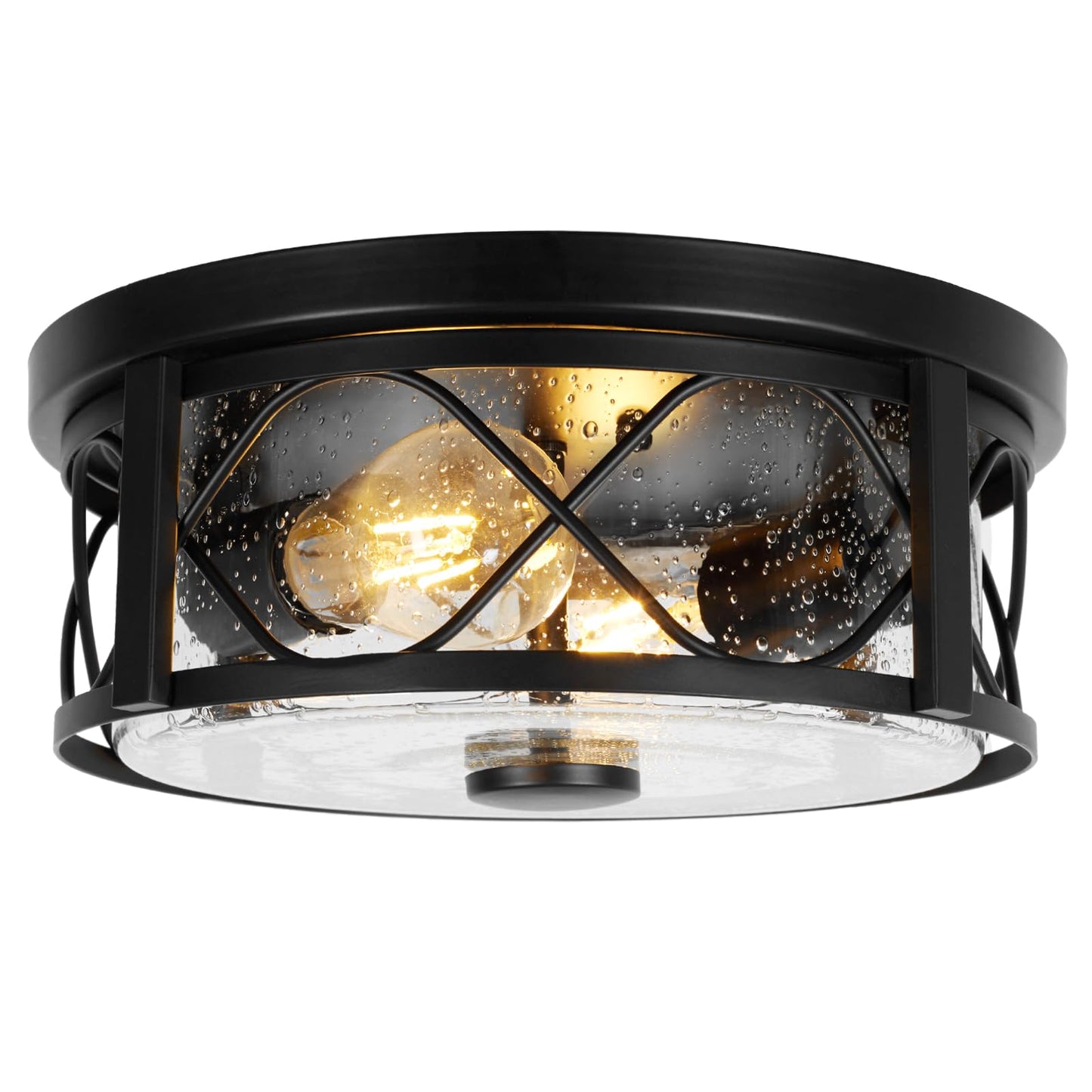 Rustic Close to Ceiling Light Fixtures, Farmhouse Flush Mount Ceiling Lighting, Metal Cage Lighting with Seeded Glass Black Cage for Home Kitchen Dining Room Bedroom Hallway Entryway Foyer