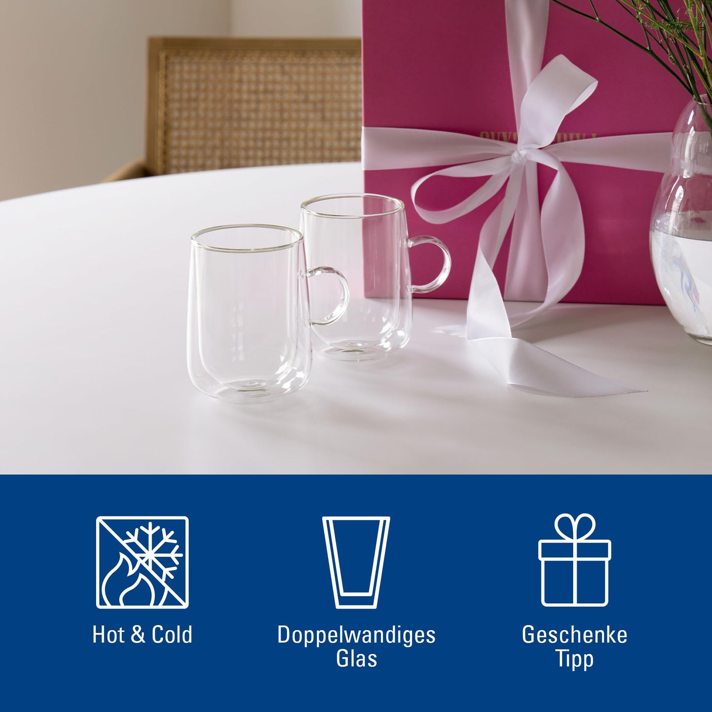 Villeroy & Boch Artesano Hot & Cold Beverages Latte Macchiato Glass Large, Set of 2 Glasses, Double-Walled Glasses for Cold and Hot Beverages, Borosilicate Glass, Dishwasher-Safe, Microwave-Safe