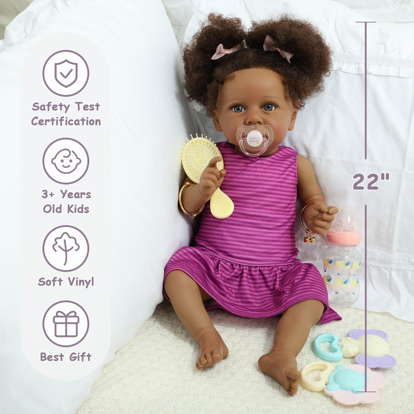 Kdudgso Realistic Reborn Baby Doll Black - 22 inch African Americans Lifelike Newborn Bebe Doll Girl Caramel Skin Real Life Like Baby Dolls with Birth Certificate & Feeding Kit Gifts for Kids Age 3+