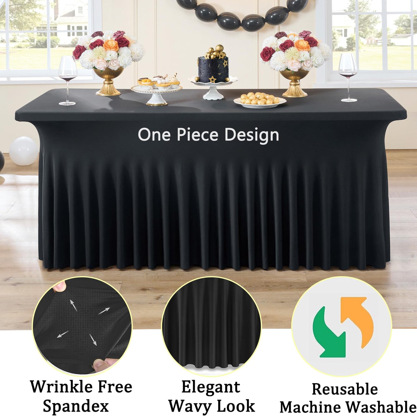 Htper 6 Pack Spandex Black Table Clothes for 6 Foot Rectangle Tables, Wrinkle Free Table Cloth Fitted Tablecover Stretchy Tablecloths with Skirt for Parties Wedding Banquet