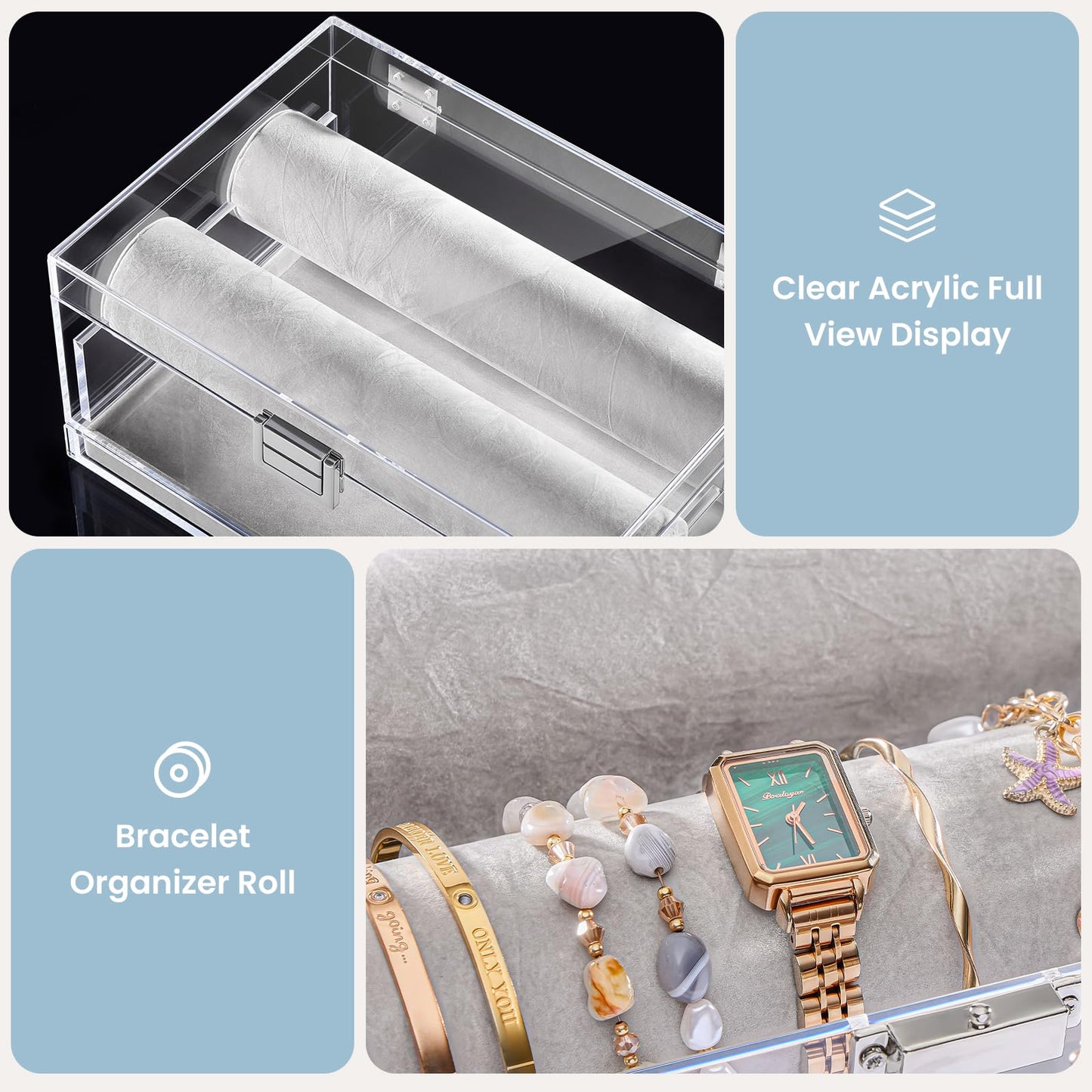 Lolalet Acrylic Bracelet Organizer Box, Clear Jewelry Display Holder for Bangles Watches, Jewellery Accessories Storage Case for Women -with Drawer