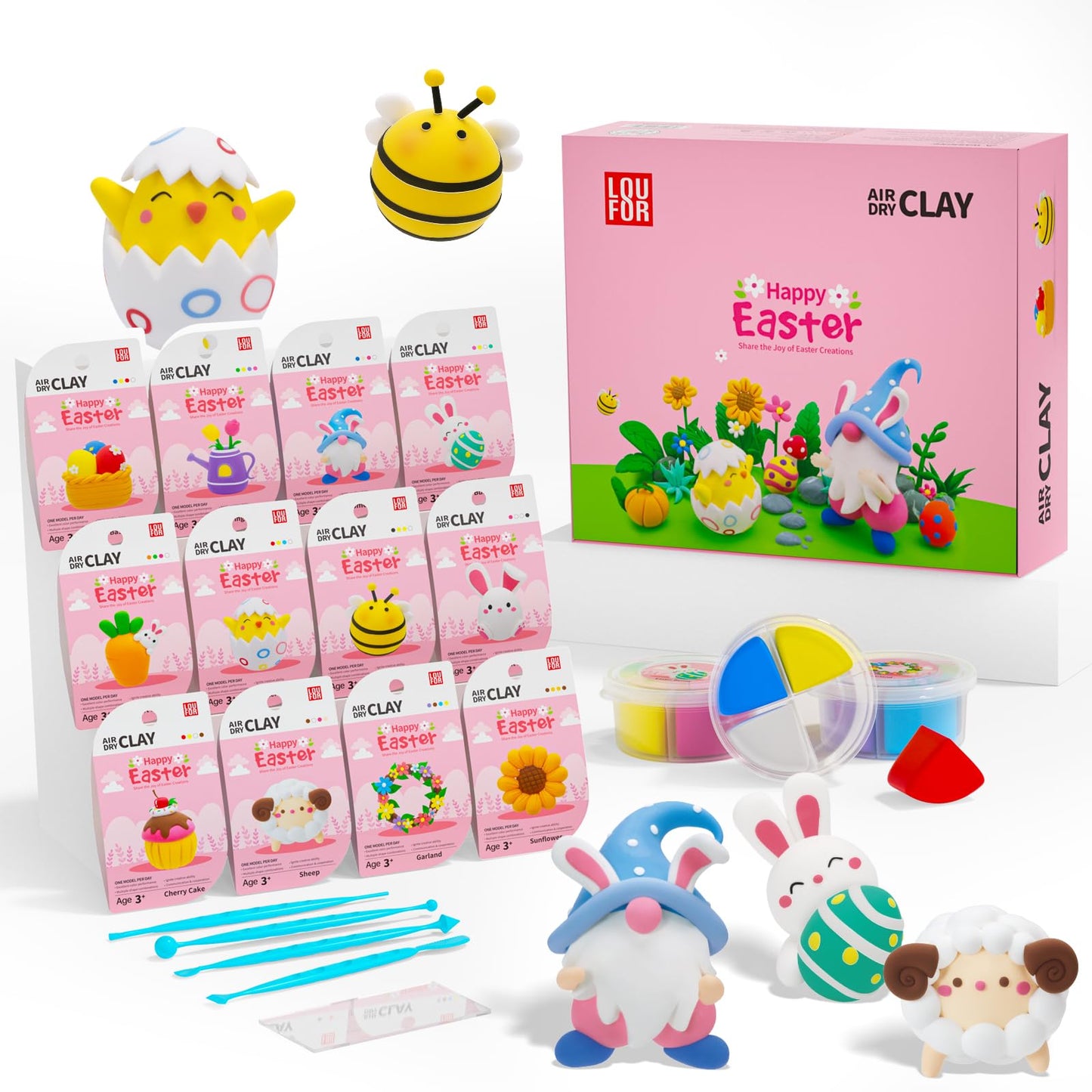 Loufor Air Dry Clay Kits Easter - Ultra Light & Soft, Safe & Non-Toxic, 12 Boxes DIY Modeling Clay with Sculpting Tools und Tutorials, Creative Arts und Crafts Toys Gifts