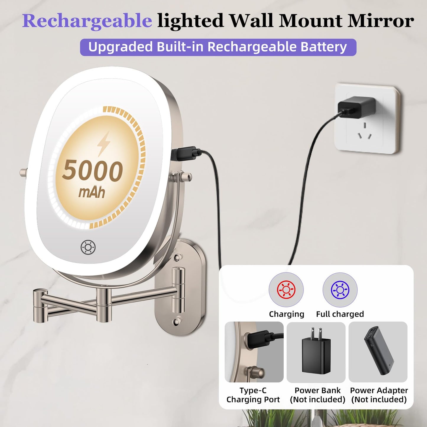 FUNTOUCH 30X/1X Wall Mounted Lighted Makeup Mirror,5000mAh Rechargeable Double Sided Magnifying Bathroom Lighted Mirror, 3 Color Modes Touch Dimmable Extended Arm 360 Rotation, Brush Nickel