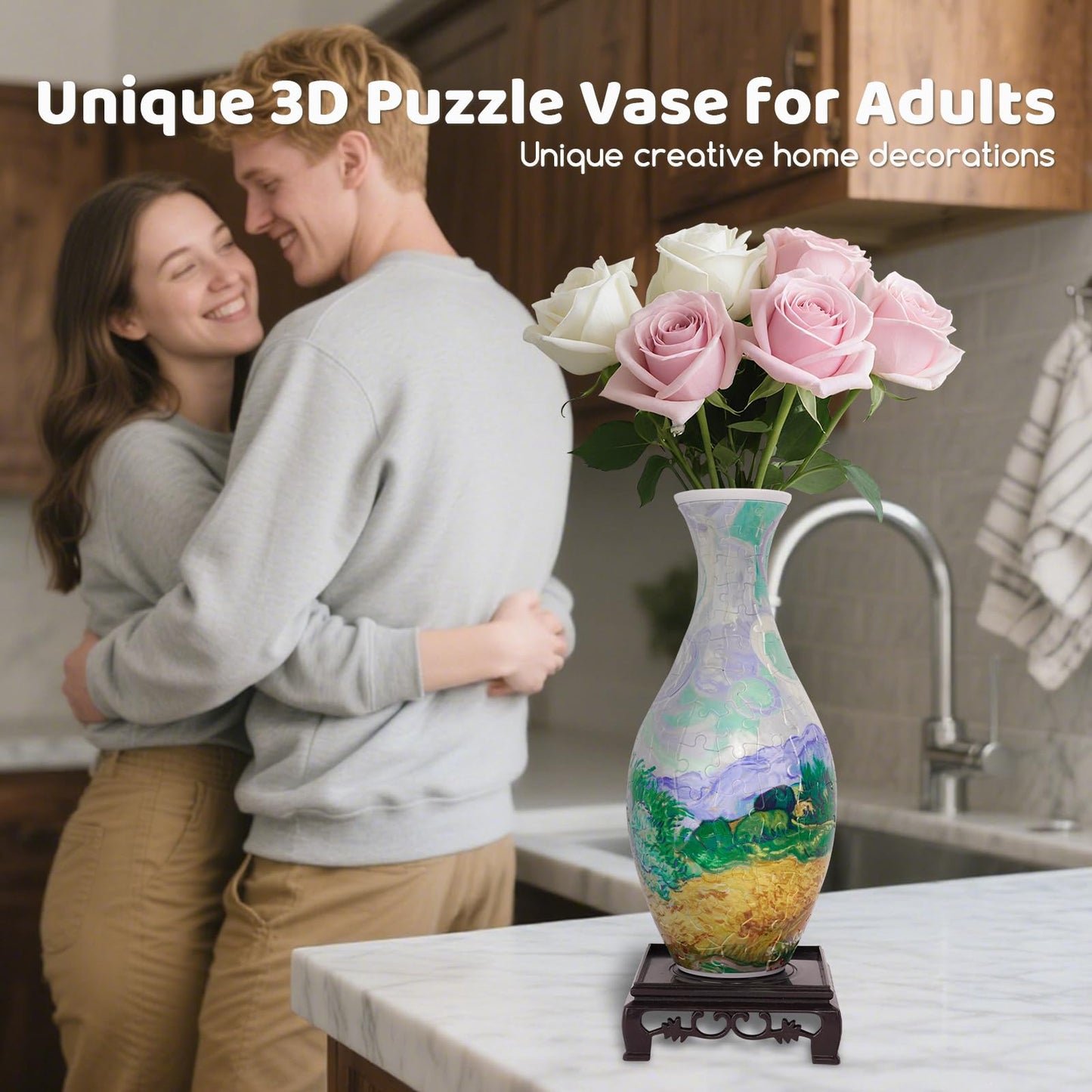 3D Puzzles Vase for Adults,Birthday Gifts for Women,160 PCS DIY Unique Flower Vase Puzzle with LED Light,House Warming Gift Flower Arrangements and Home Decoration (Wheat Field)