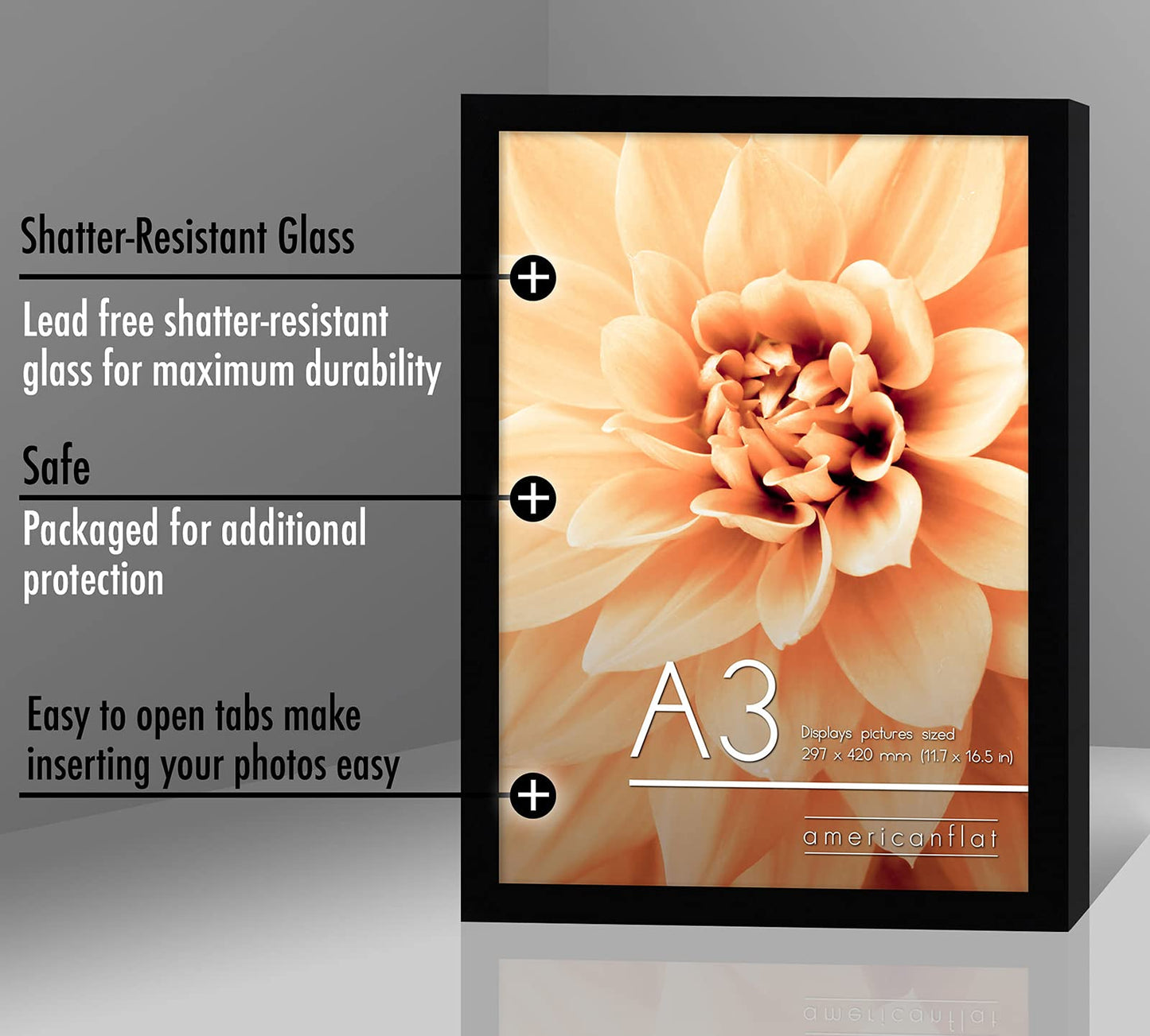 Americanflat A3 Picture Frame with Shatter-Resistant Glass - Set of 2-11.7x16.5 Frame with Engineered Wood - Signature Collection - A3 Frames for Wall Display - Black