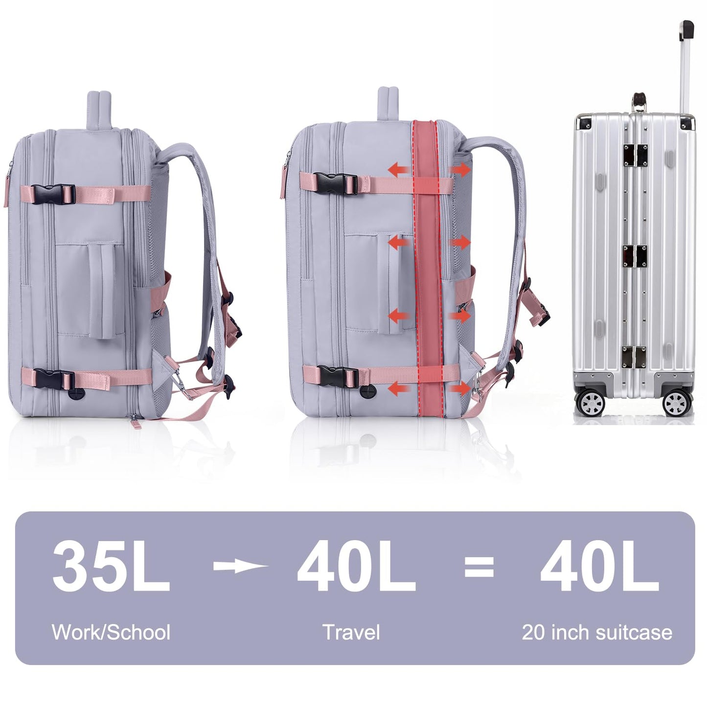 Hanples Large Travel Backpack for Women as Person Item Flight Approved, Waterproof 40L Carry On Backpack, 17 Inch Laptop Backpack for Business Bag with 2 Toiletry Bags (Gray Purple)