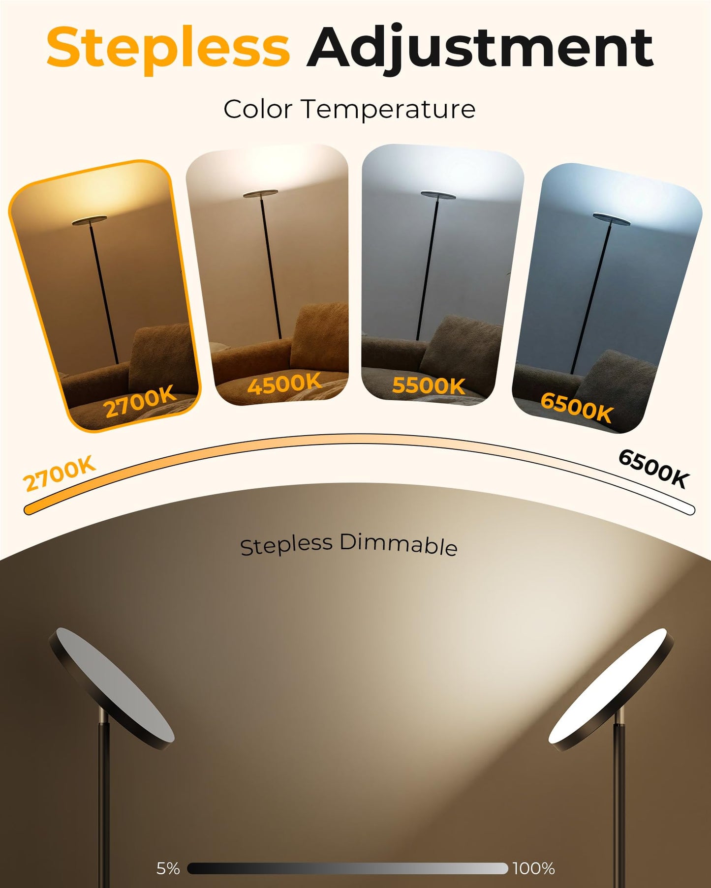 Natapai Floor Lamps for Living Room, 69" Tall LED Lamp, 2800LM Standing Lamp Remote & Foot Switch with 1H Timer, 2700-6500K Stepless Dimmable Modern Pole Light for Bedroom, Reading, Black