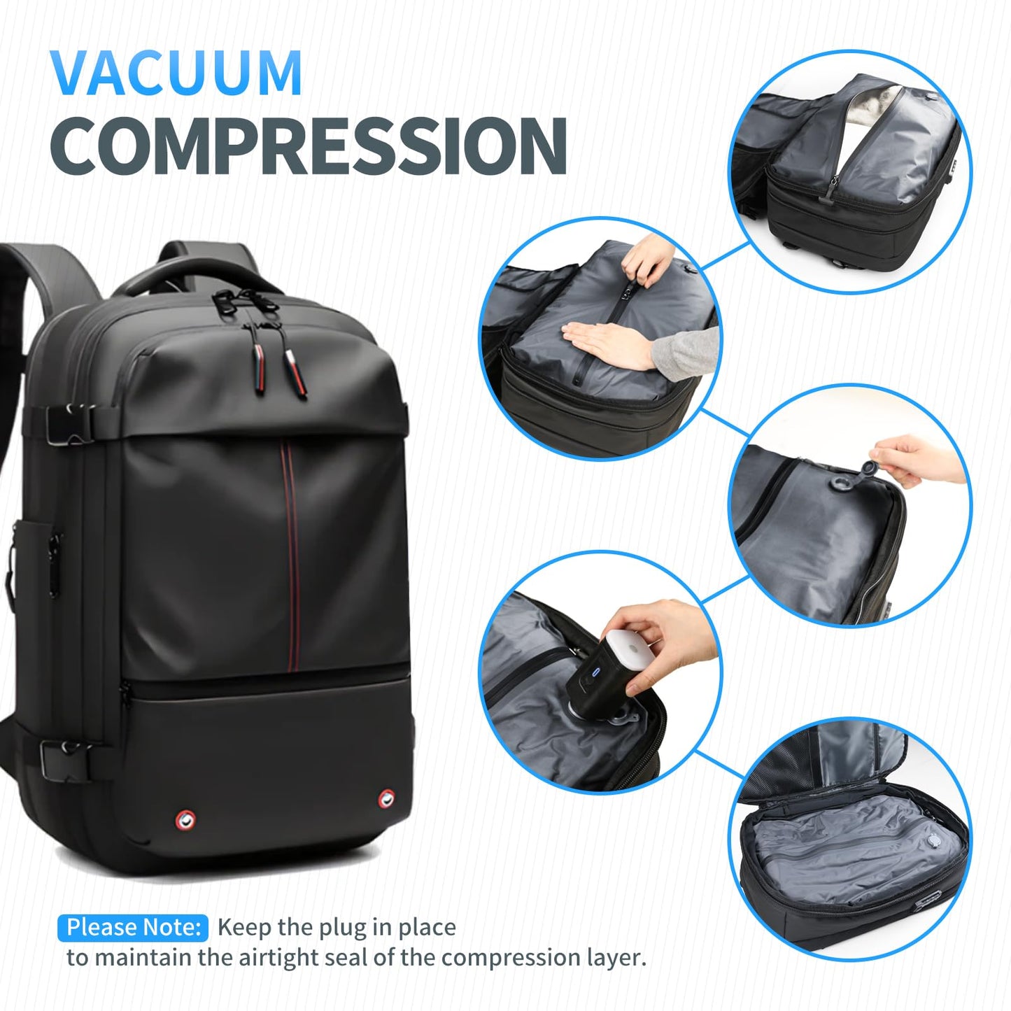 Kuvictewl 60L Expandable Vacuum Backpack with Pump - Black, Travel, Business Trip, Weekender, Short Travel, Hiking, Camping, Trekking, Daily Use, Leisure, Outdoors