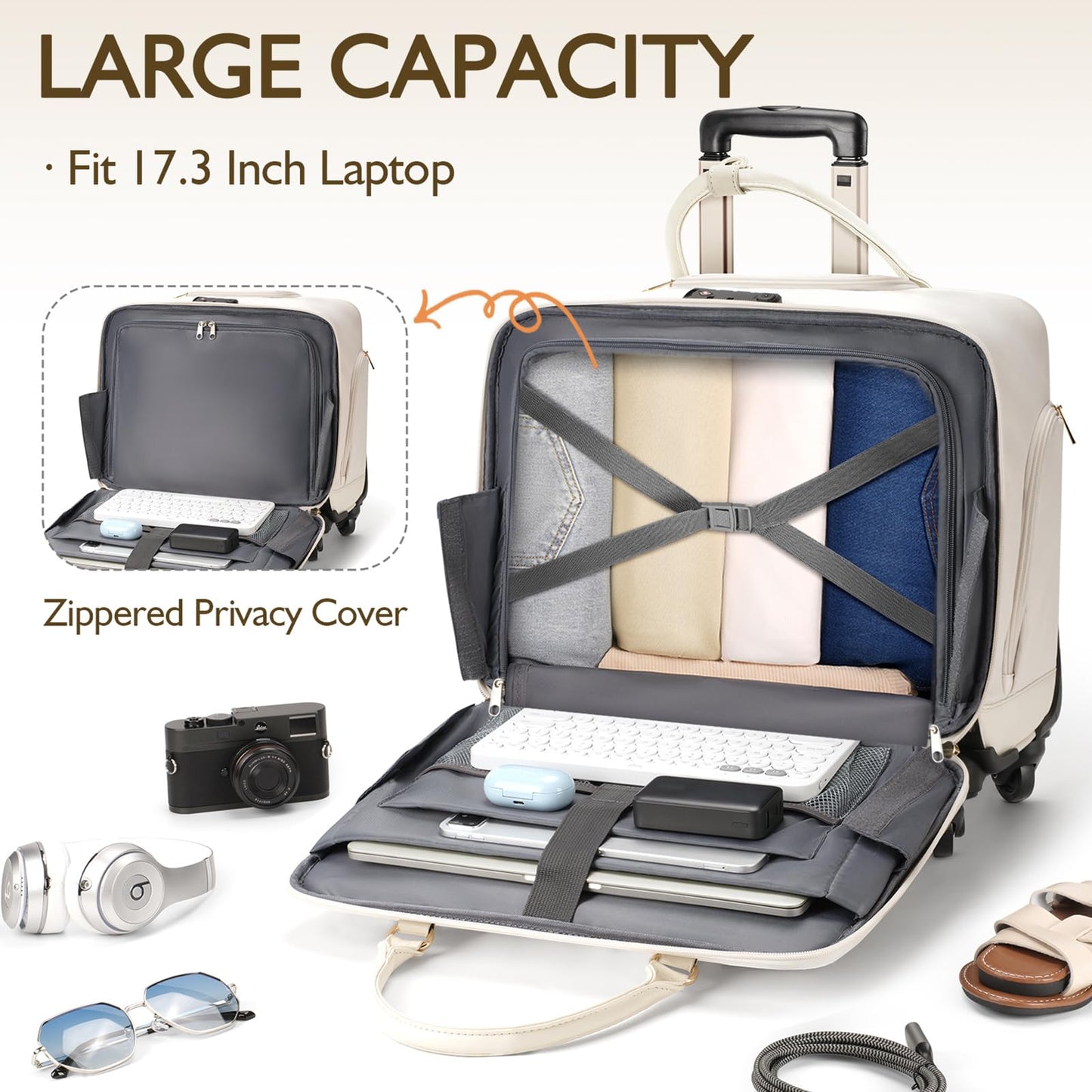 Arcoyard Rolling Briefcase for Women with 4 Spinner Wheels and Telescopic Extendable Handle, Laptop Bag with Wheels, Roller Computer Bag for Work Travel Carry On Luggage, TSA Friendly Design, Beige